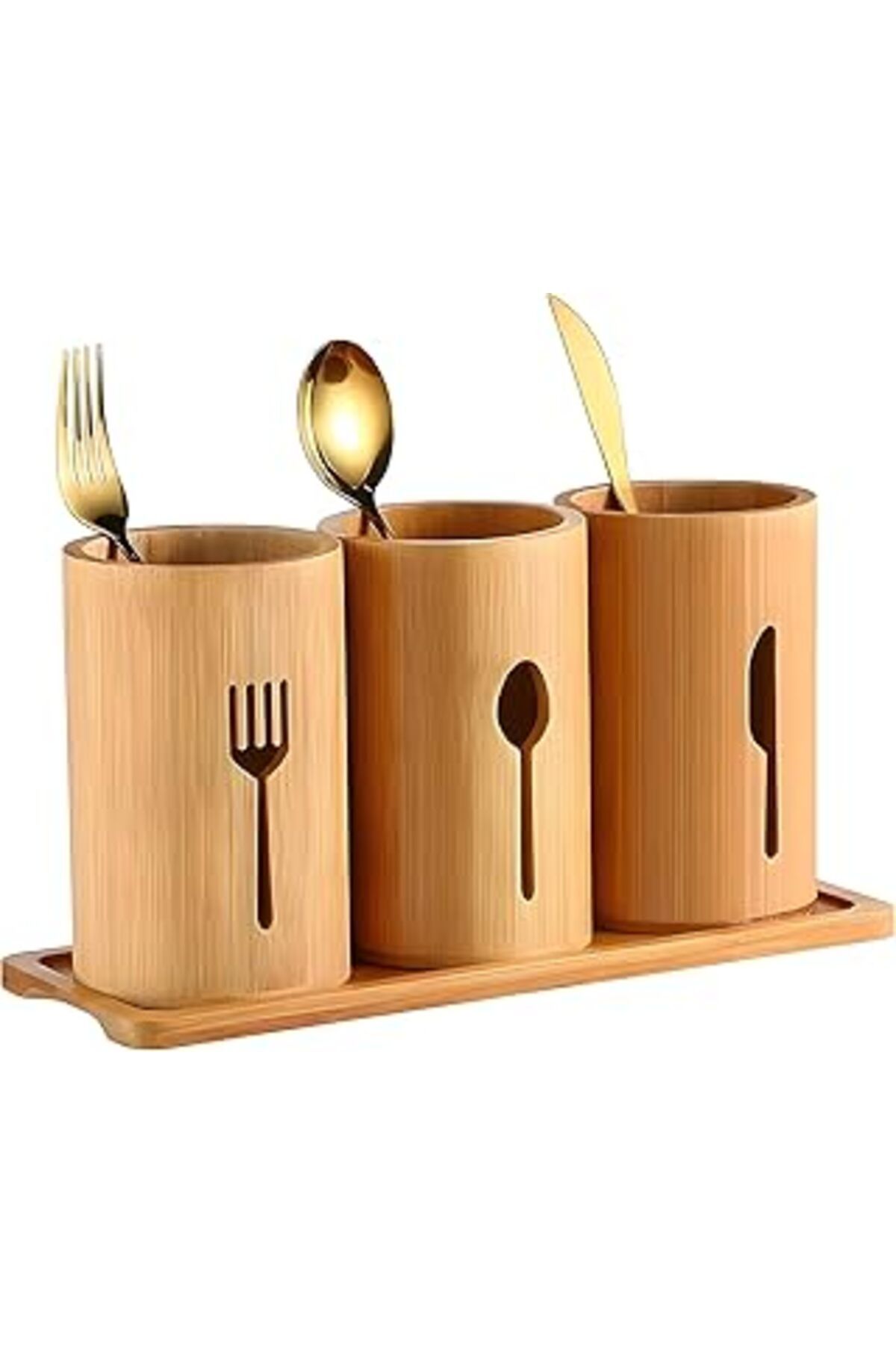 Mu Art Ahşap Bambu Mutfak Düzenleyici, 3'Lü Çatal Kaşık Bıçaklık Seti, Standlı