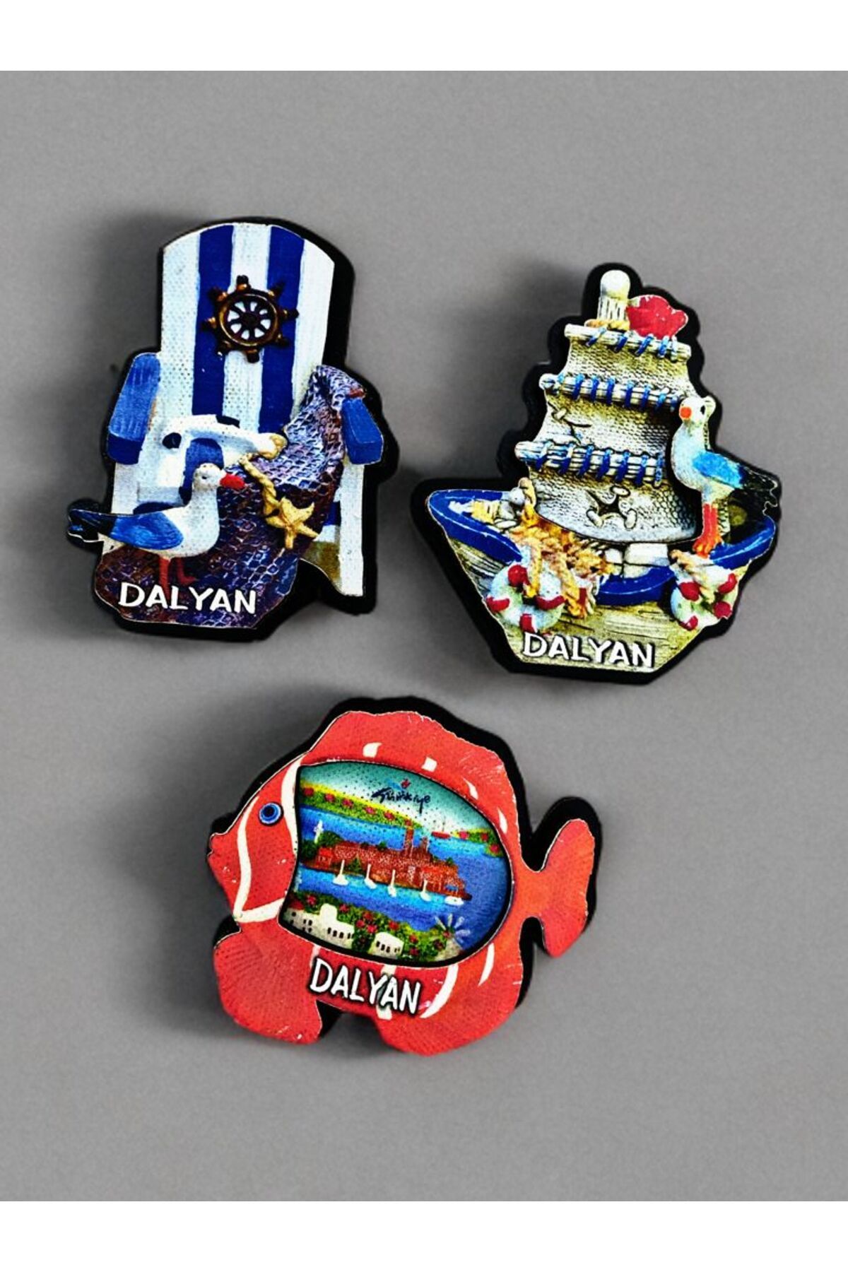 Home DALYAN Temalı 3 lü Set Ahşap 3 Boyutlu Magnet. Mat Renkler ve Eskitme.