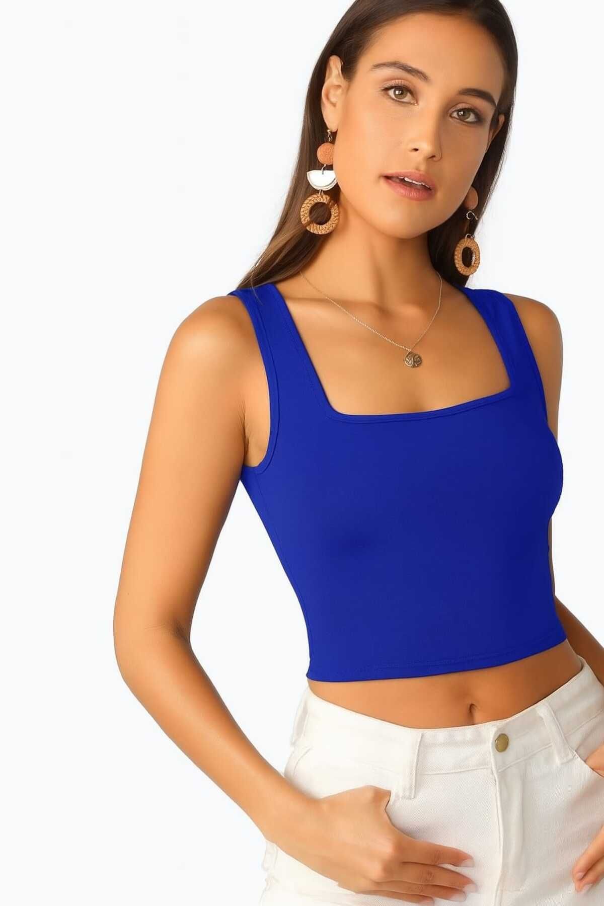 By Kul Design KADIN KARE YAKA LİKRALI JARSE CROP TOP