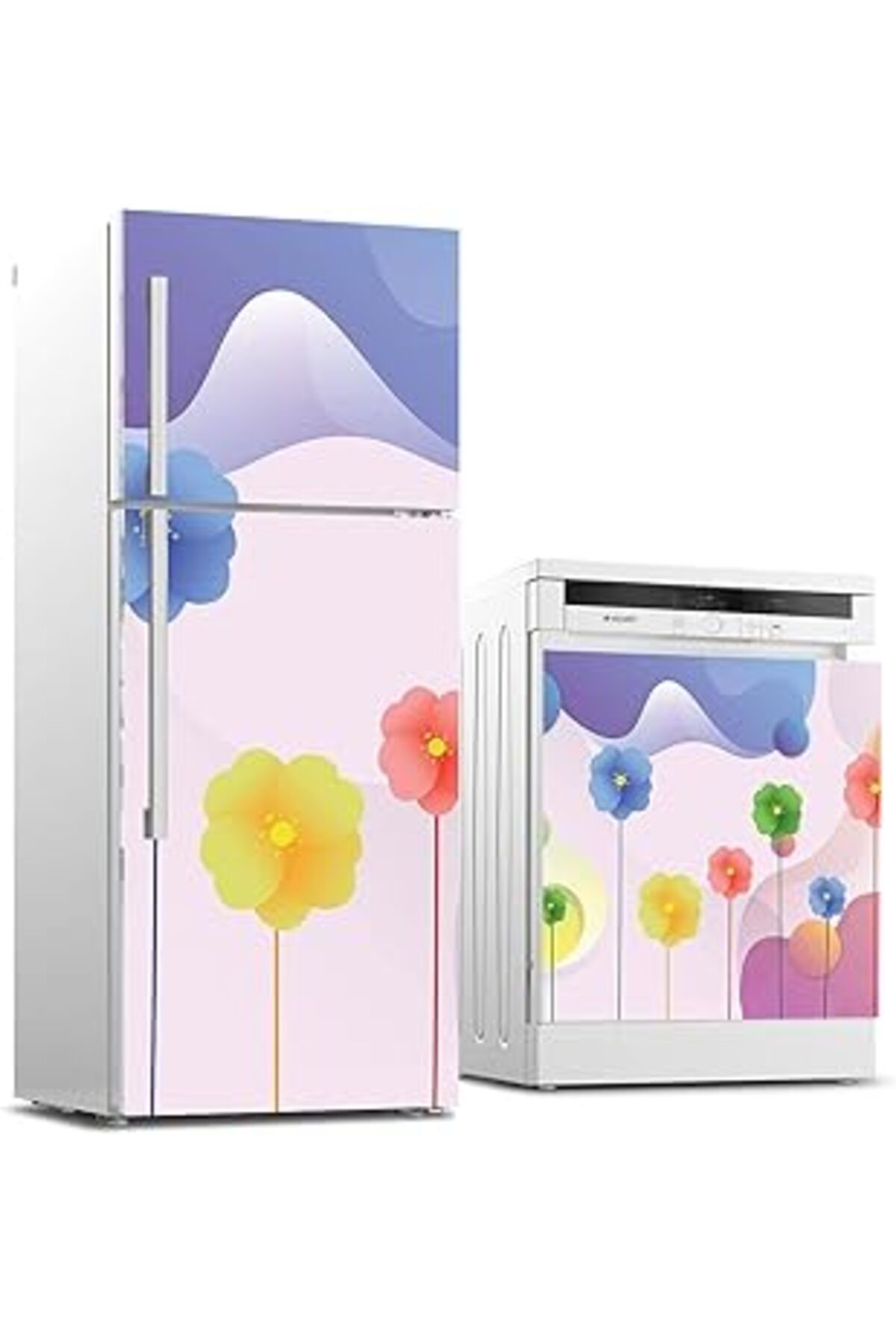 Mu Art Ahşap Buzdolabı Ve Bulaşık Makinası Beyaz Eşya Sticker Kaplama Renkli Çiçek