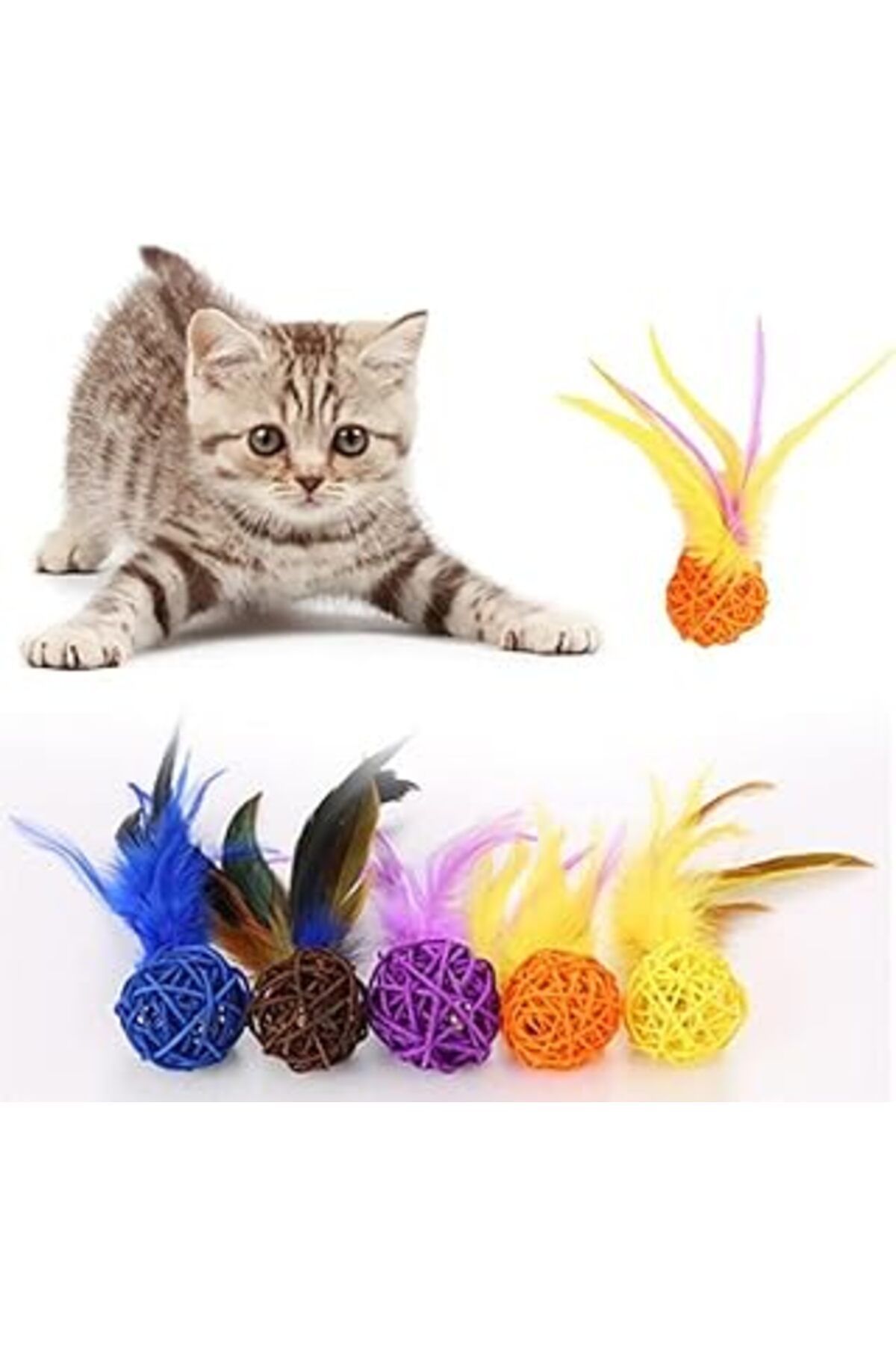 Mu Art Ahşap Buffer® 2Li Rattan Renkli Peluş Tüy Kedi Köpek Oyuncak Yakalama Çiğneme Çıngıraklı Top Oyuncağı