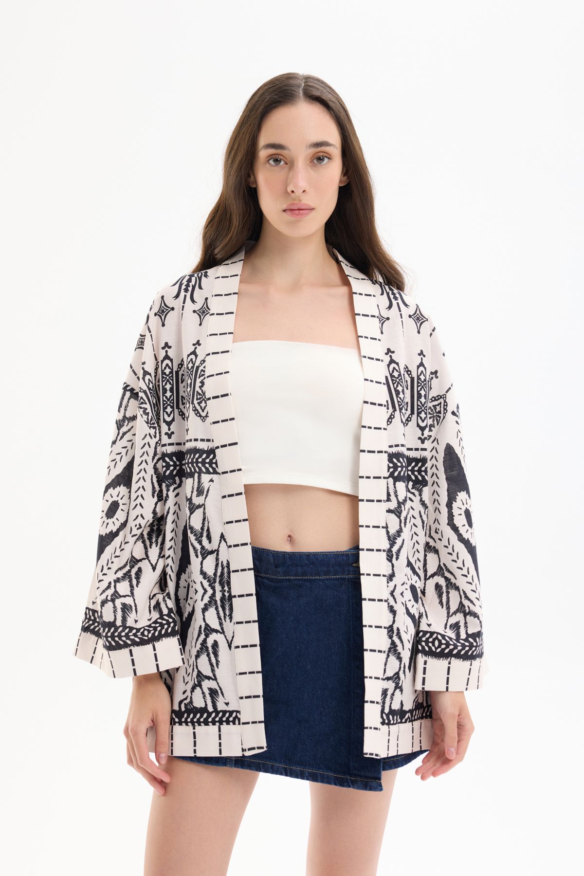 Quzu Bohem Desenli Şal Yaka Kısa Kimono Ekru