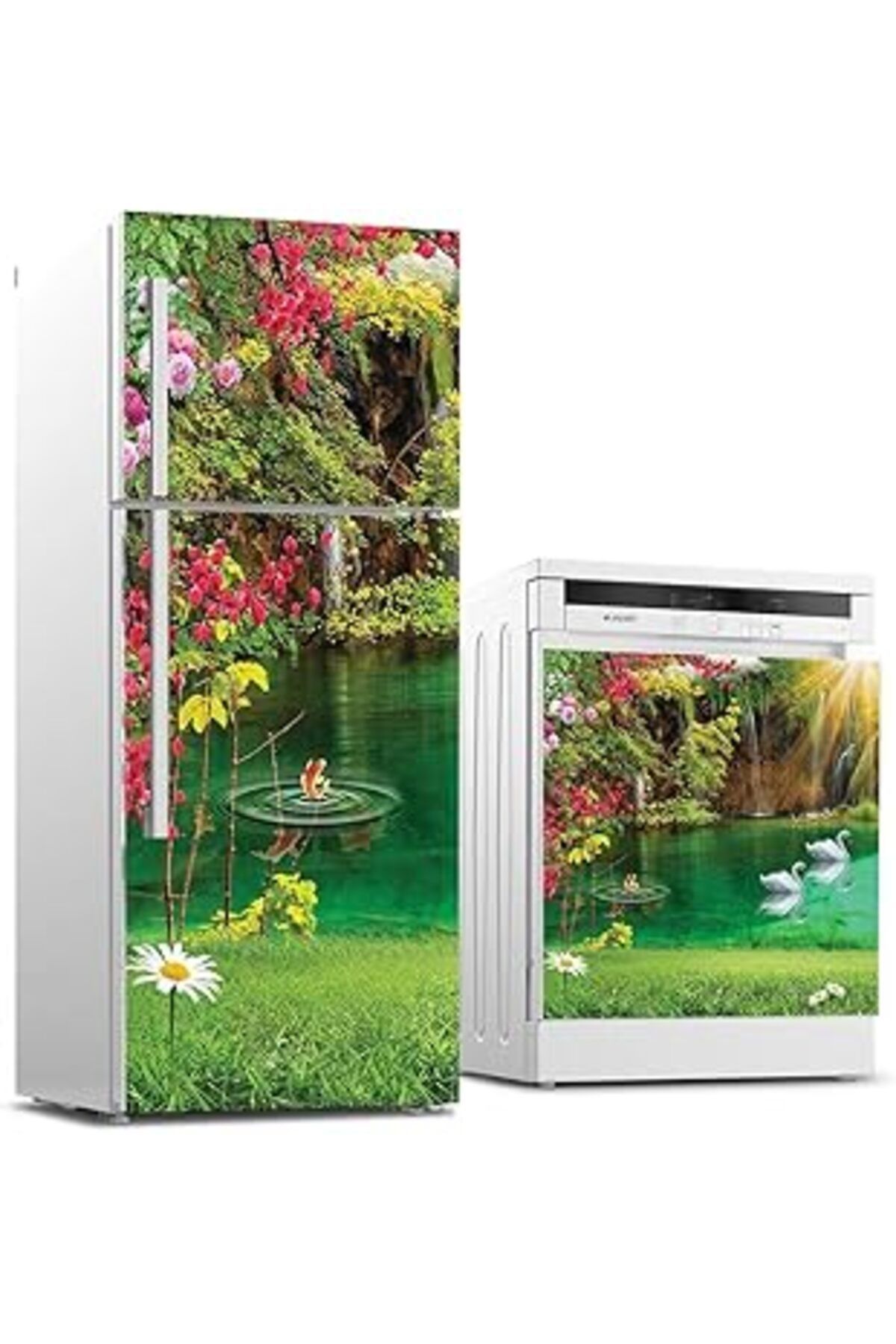 Qedii Buzdolabı Ve Bulaşık Makinası Beyaz Eşya Sticker Kaplama Göl Çiçek