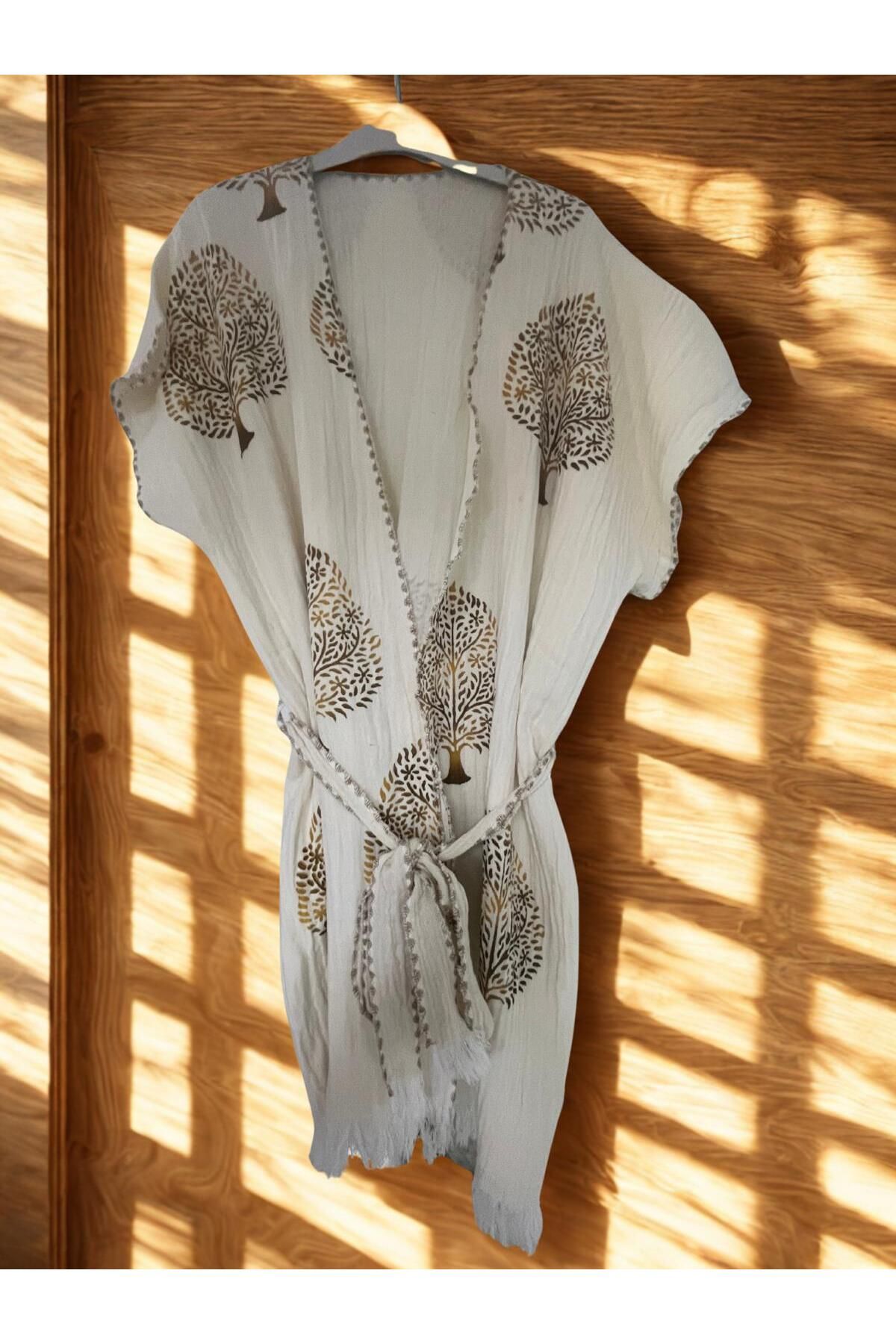 TekStilize Deniz Grubu Ağaç Desenli Kimono (%100 PAMUKLU)