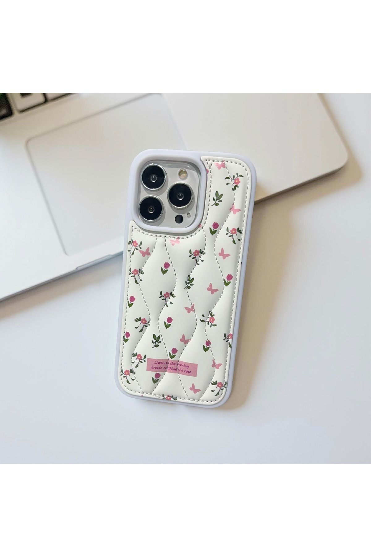 HYPERSOFT Iphone 15 Uyumlu Kapitone Çiçek Desenli Puf Kılıf Özel Kutulu