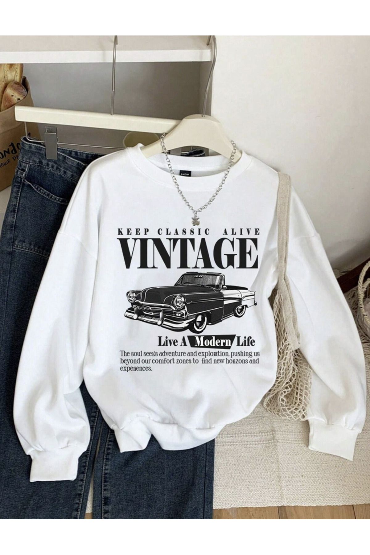 COHERENT Unisex Kadın/Erkek VINTAGE Özel Renkli Oversize Bisiklet Yaka Pamuklu Sweatshirt