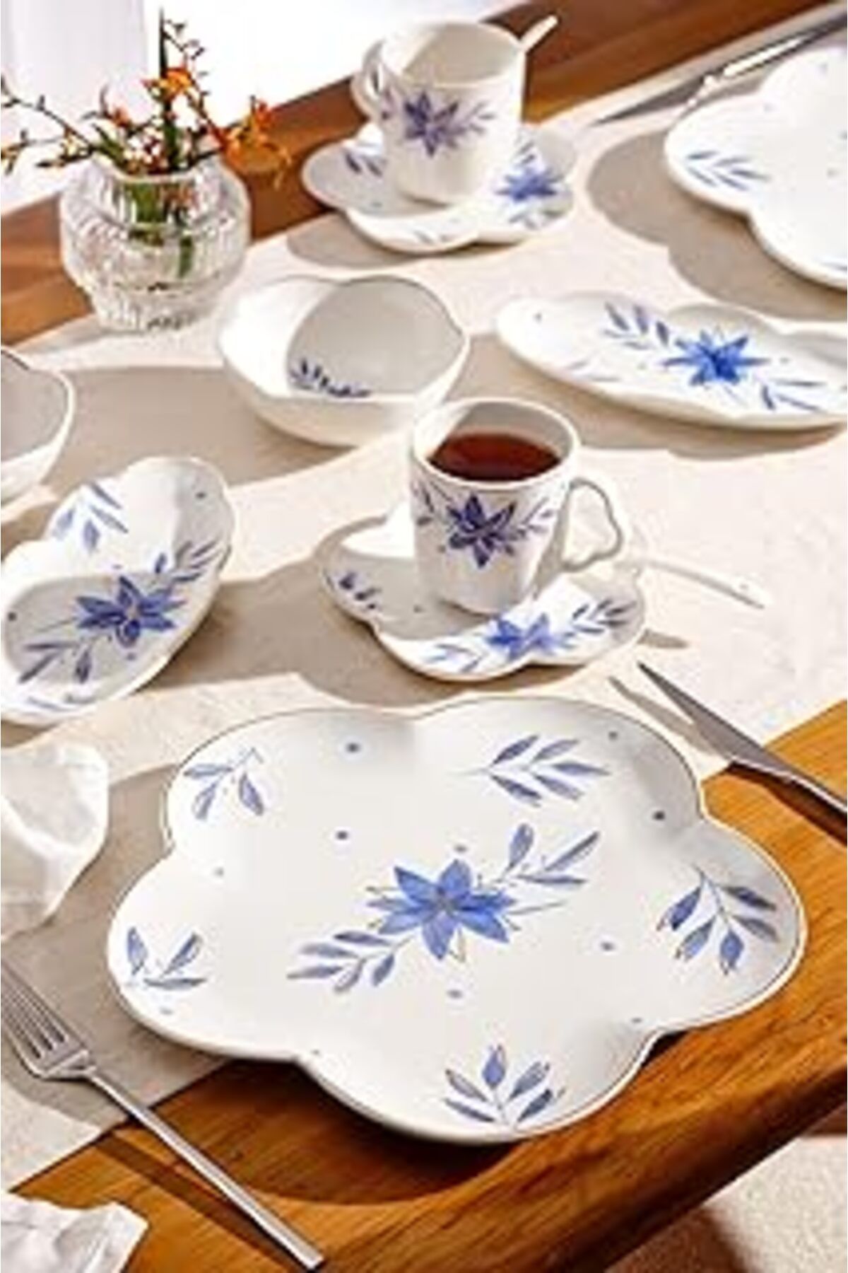Mu Art Ahşap Emsan İntense Blue Porselen 32 Parça 6 Kişilik Kahvaltı - Servis Takımı