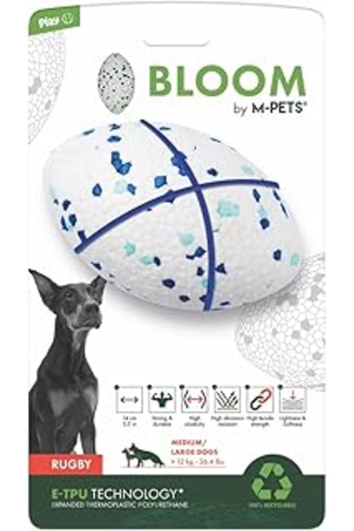 Mu Art Ahşap M-Pets Bloom Rugby Parçalanmaz Rugby Topu Beyaz, Mavi