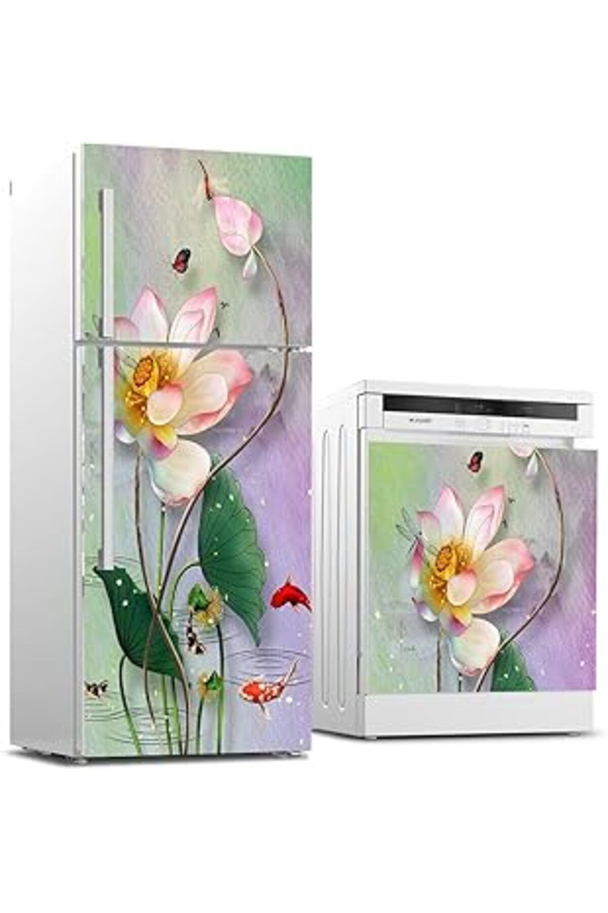 Mu Art Ahşap Buzdolabı Ve Bulaşık Makinası Beyaz Eşya Sticker Kaplama 3D Çiçek Çizimi