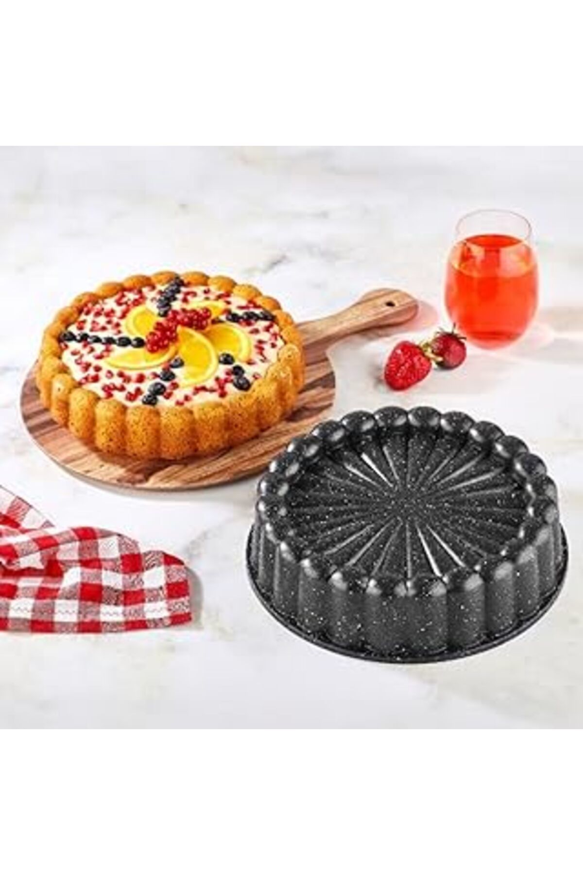 NETWORK ART Thermo Döküm Gövdeli Keskin Tart Ve Kek Kalıbı 28Cm, Dilimli Ve Döküm, Siyah Granit Benekli Pişirme