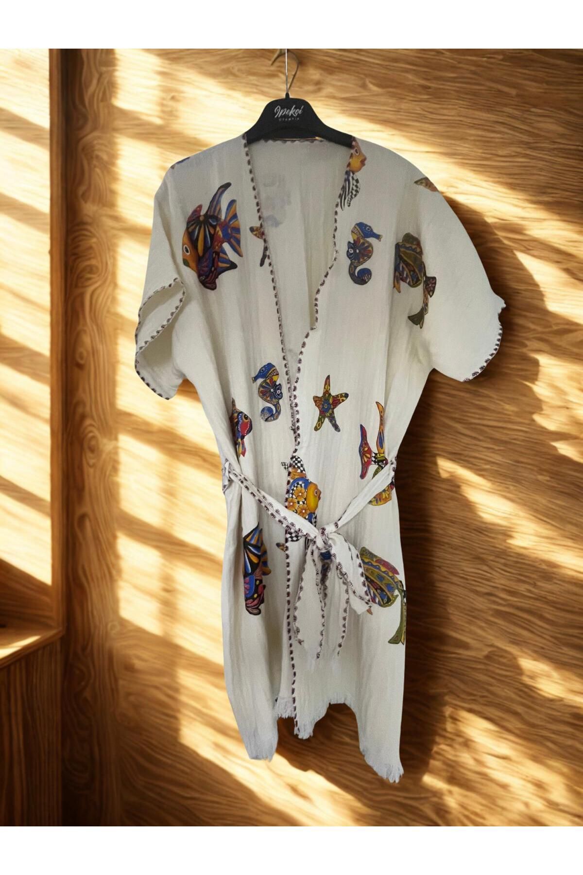 TekStilize Deniz Grubu Balık Desenli Kimono (%100 PAMUKLU)
