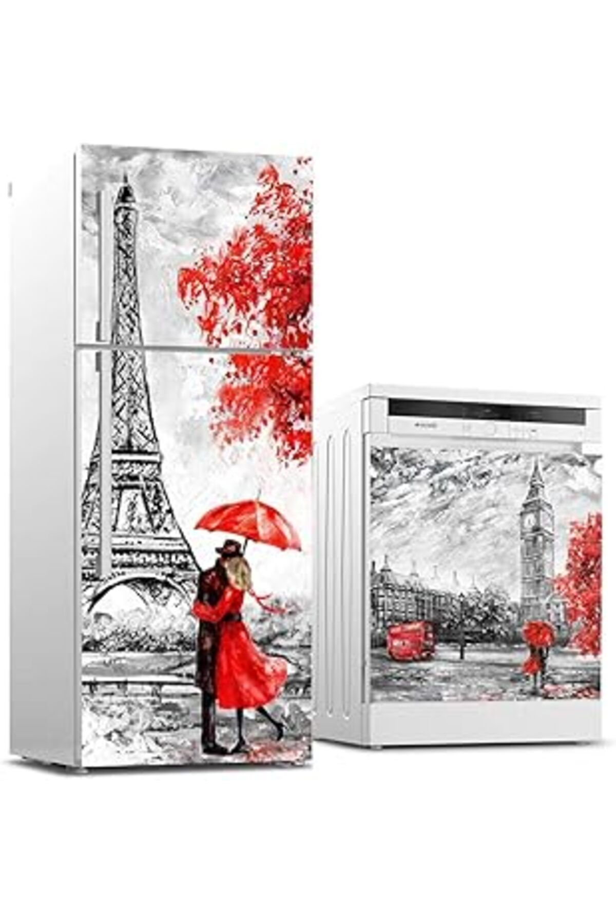 Mu Art Ahşap Buzdolabı Ve Bulaşık Makinası Beyaz Eşya Sticker Kaplama Paris Yağlıboya