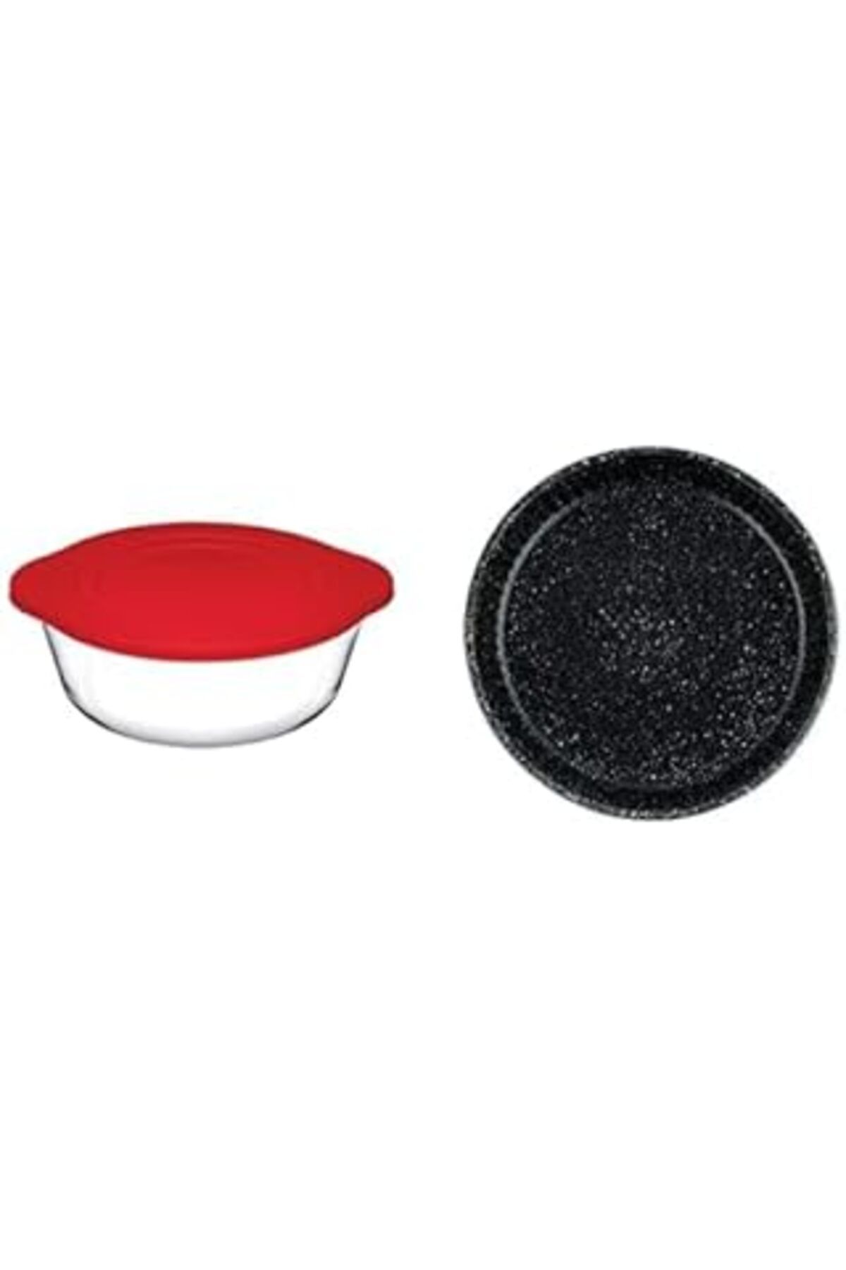ASİTAN Paşabahçe Plastik Kırmızı Kapaklı, Borcam Yuvarlak Şeffaf Fırın Kabı, 1.45 Litre Ve Non-Stick Yuvar