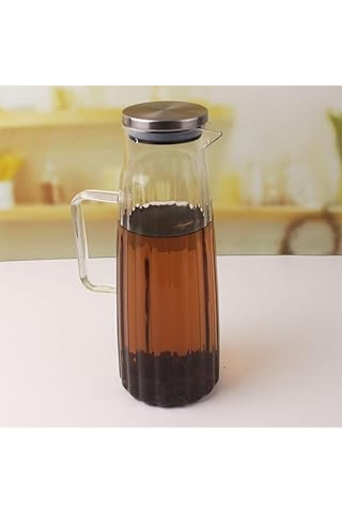 Mu Art Ahşap Deconox Metal Kapaklı Borosilikat Cam Yağdanlık Ve Sürahi | 1000ml (11X26CM) Çok Amaçlı Içecek Ve S