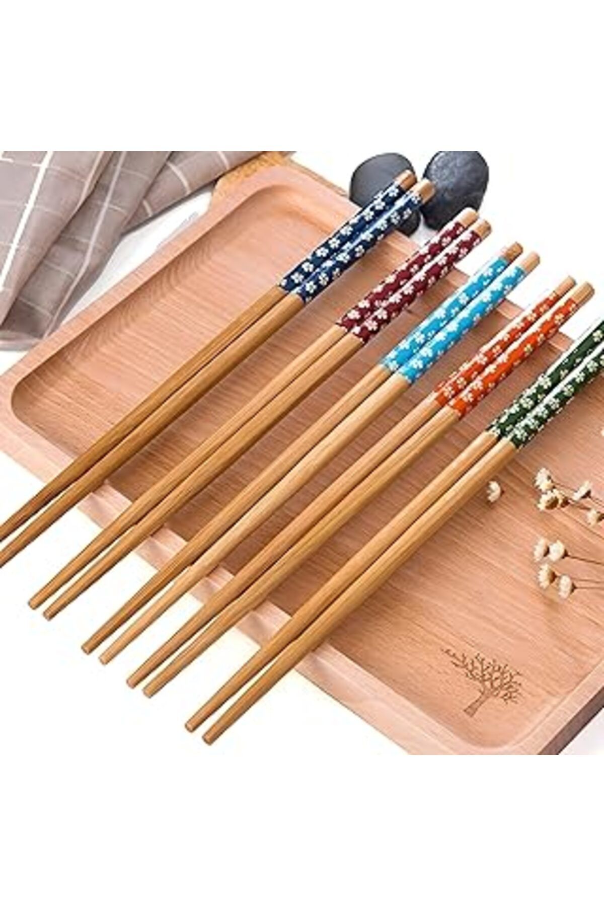 Mu Art Ahşap Selenica Dekoratif 5 Çift Yemek Çubuğu Seti, 24 Cm, Çiçek Desenli, Sushi Ve Asya Mutfağı