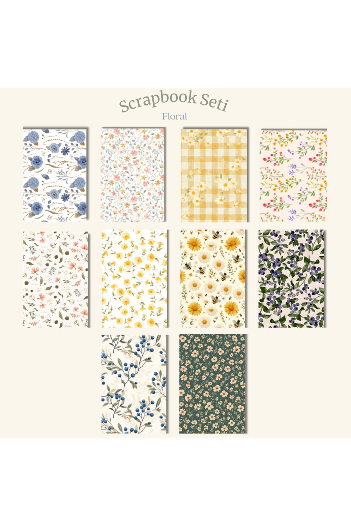 MirayDesign Çiçek Temalı Scrapbook Seti 10 Adet (a5 Boyutunda Arkası Yapışkanlı Kağıt )