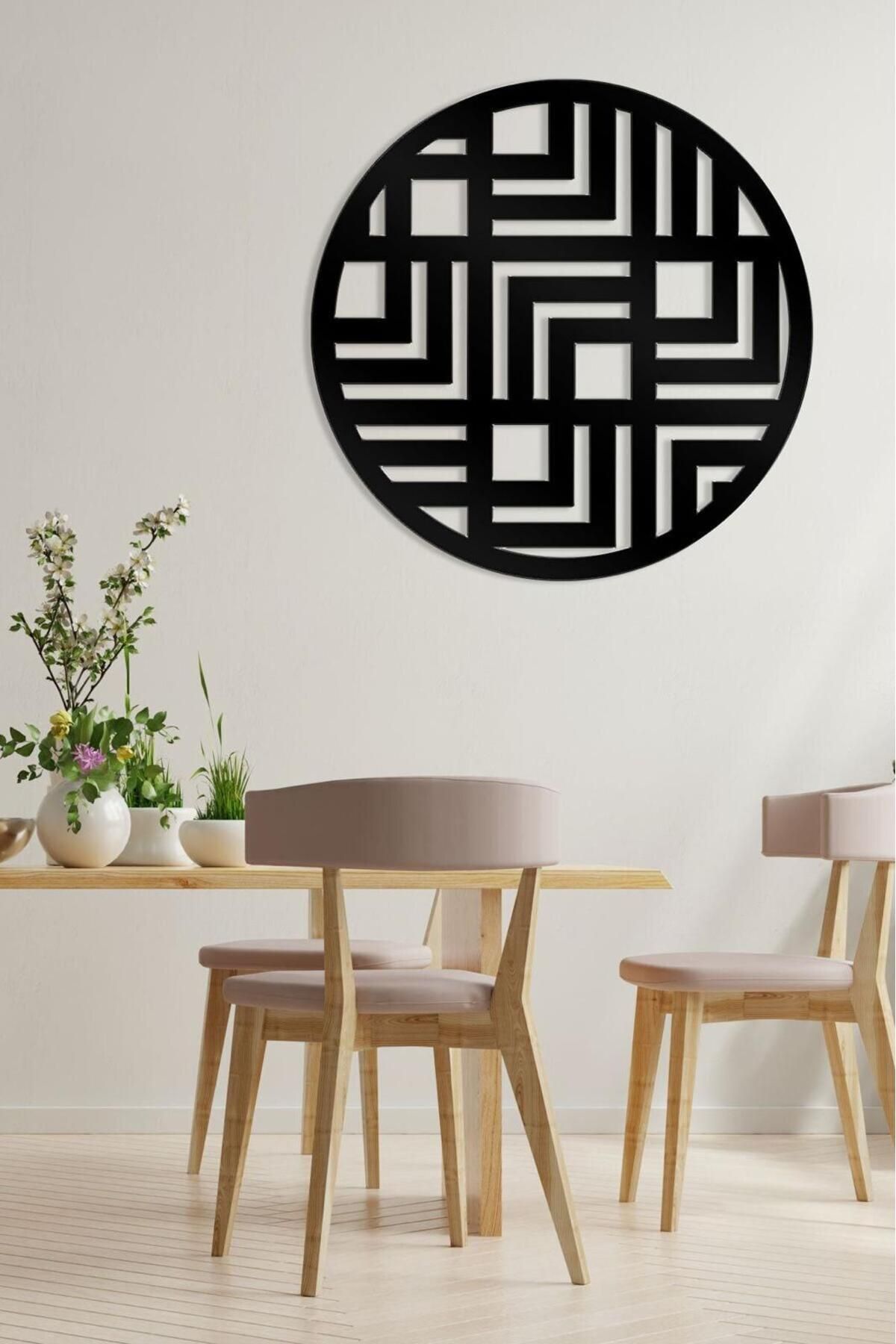 LUNOART Geometrik Desenli Yuvarlak Metal Tablo | Modern Siyah Duvar Dekoru