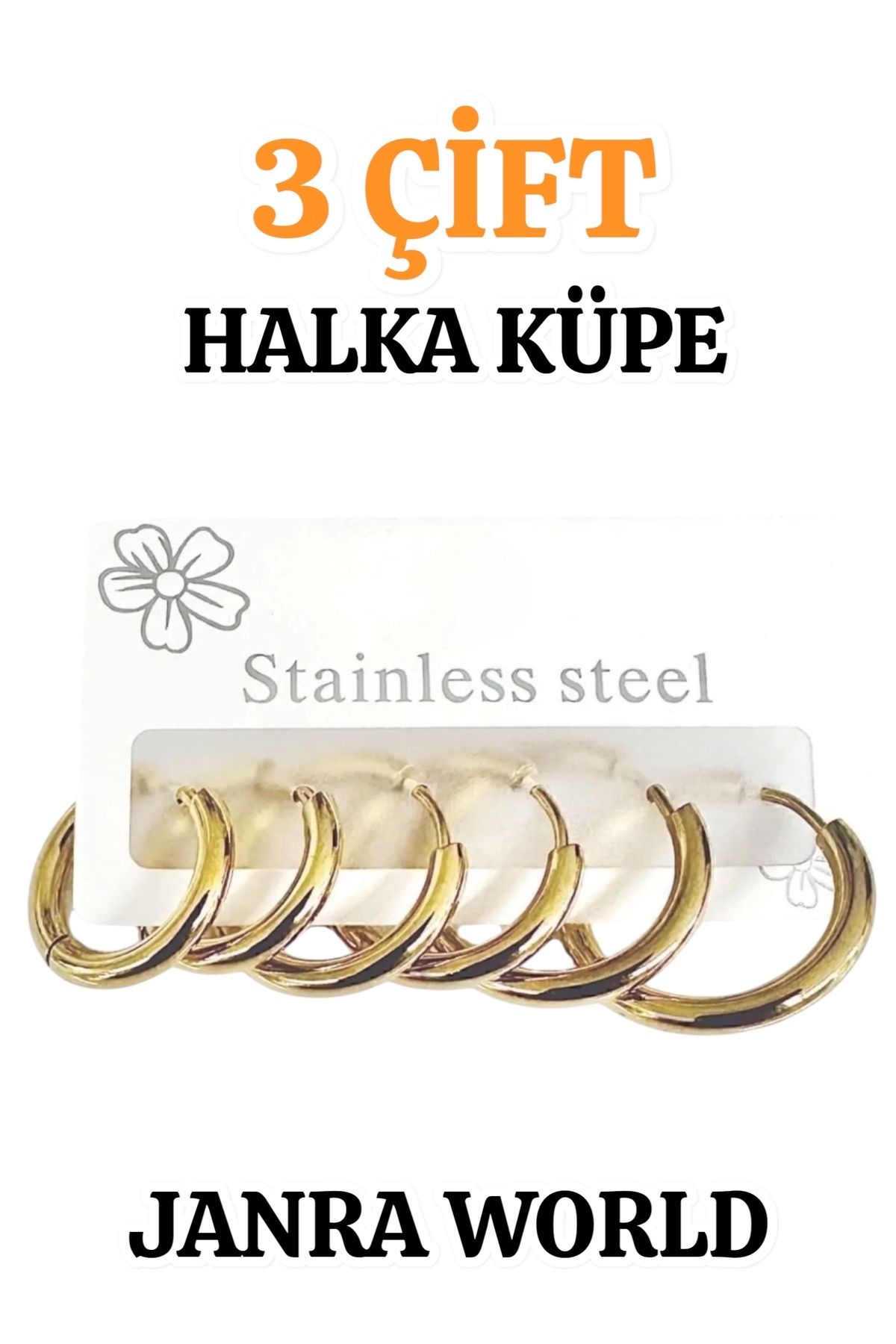 JANRA WORLD 3 Çift Halka Küpe Seti – Unisex Paslanmaz Çelik – Küçük Orta Büyük Boy – Gold & Silver Renk