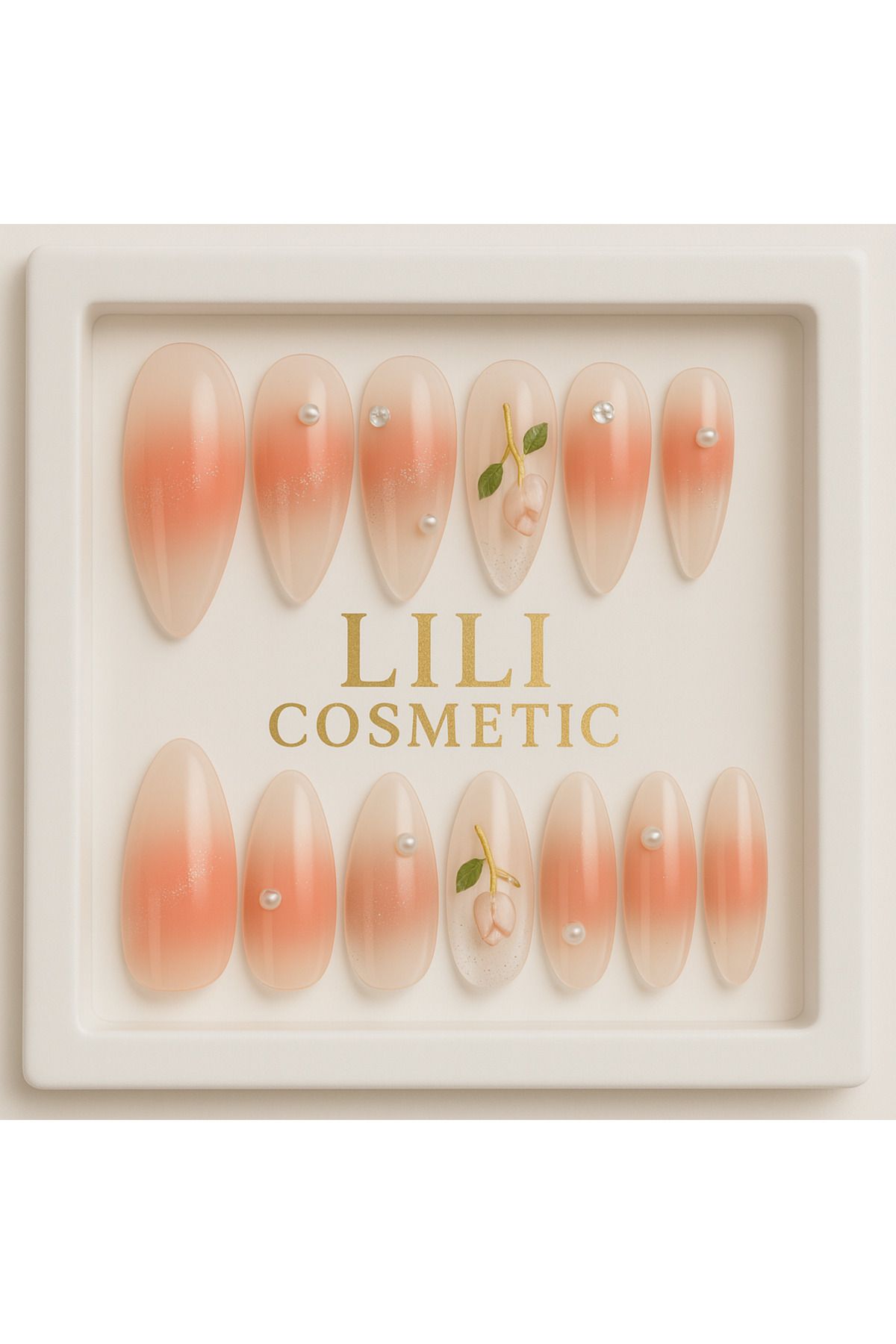 Lili Cosmetic Lüx Taşlı 5D Lale Motifli Badem Takma Tırnak Kendindan Yapışkanlı 12li