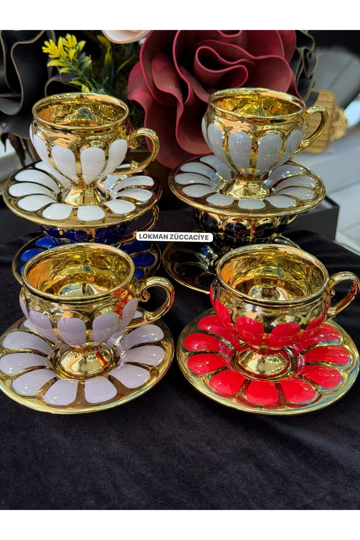LOKMAN ZÜCCACİYE GOLD YALDIZLI RENKLİ 6 KİŞİLİK PAPATYA KAHVE FİNCAN TAKIMI (90 ML)