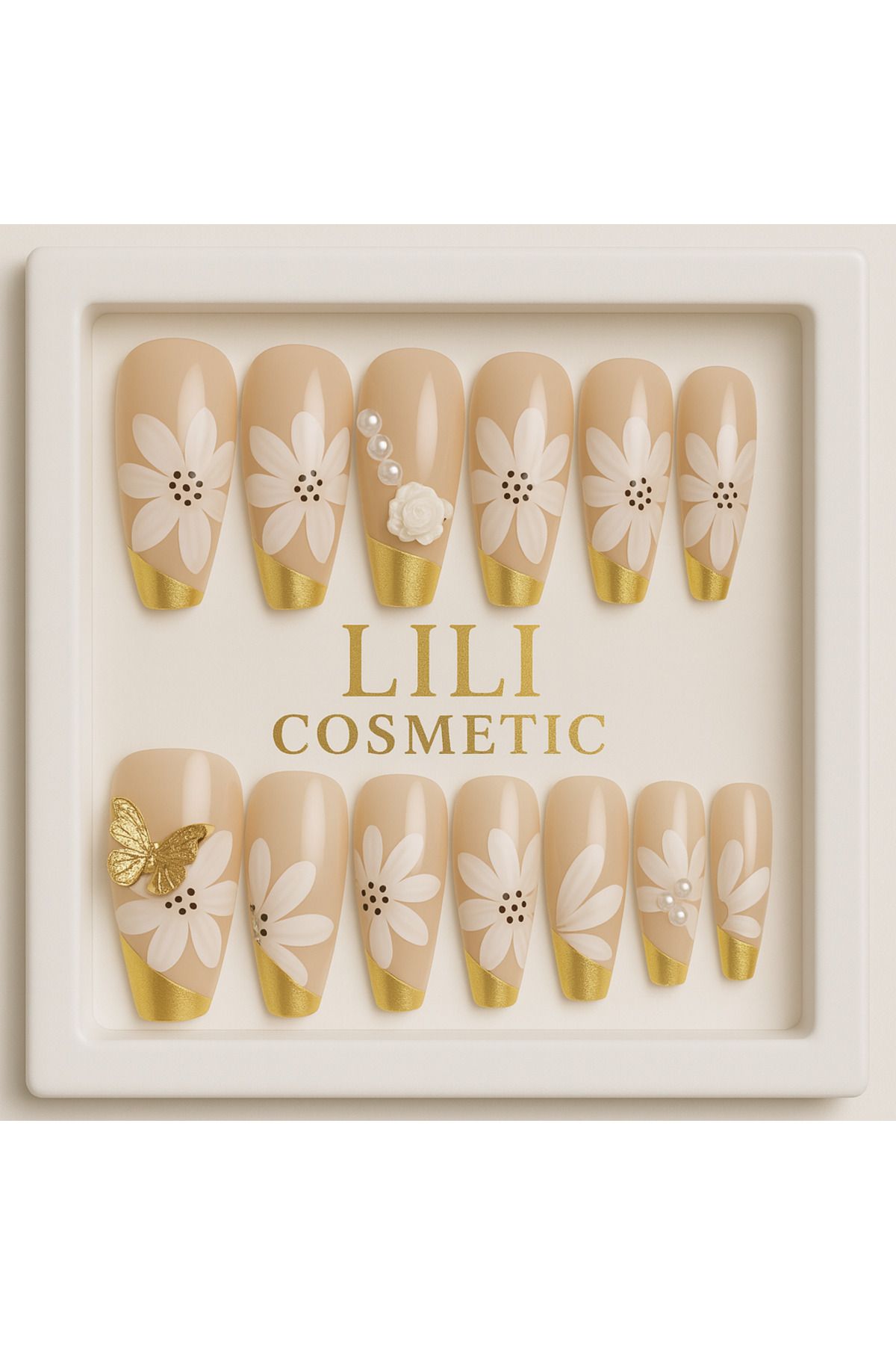 Lili Cosmetic Lüx Taşlı 5D Çiçek Desenli Altın Uçlu Takma Tırnak Kendinden Yapışkanlı 12li