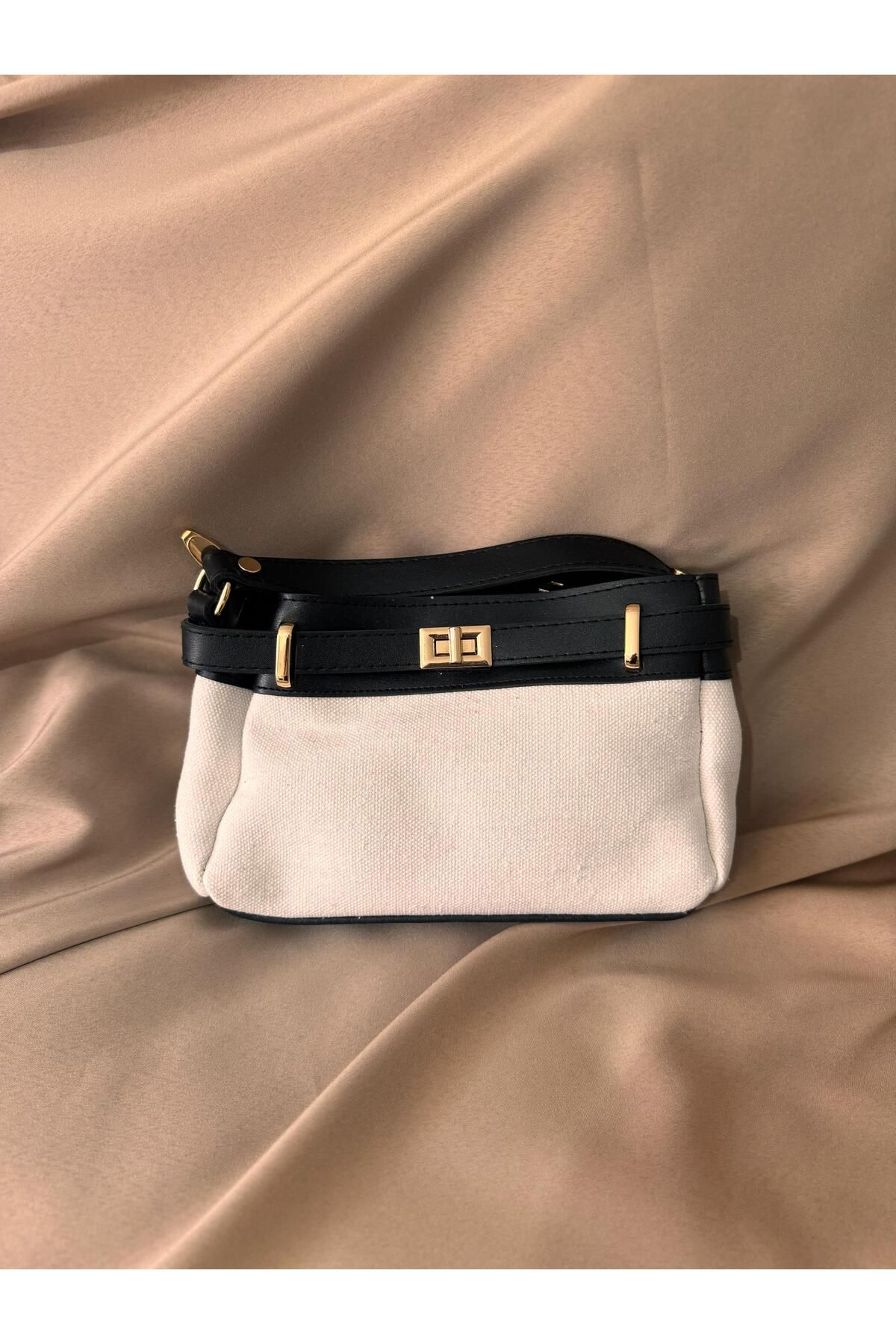 Butik Gold Detaylı Keten Kumaş Yazlık Kadın El ve Omuz Çantası