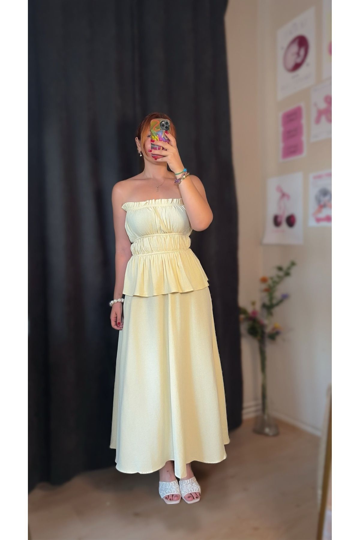 Tumtum Wear Butter Yellow Straplez Bluz Etek Keten Takım