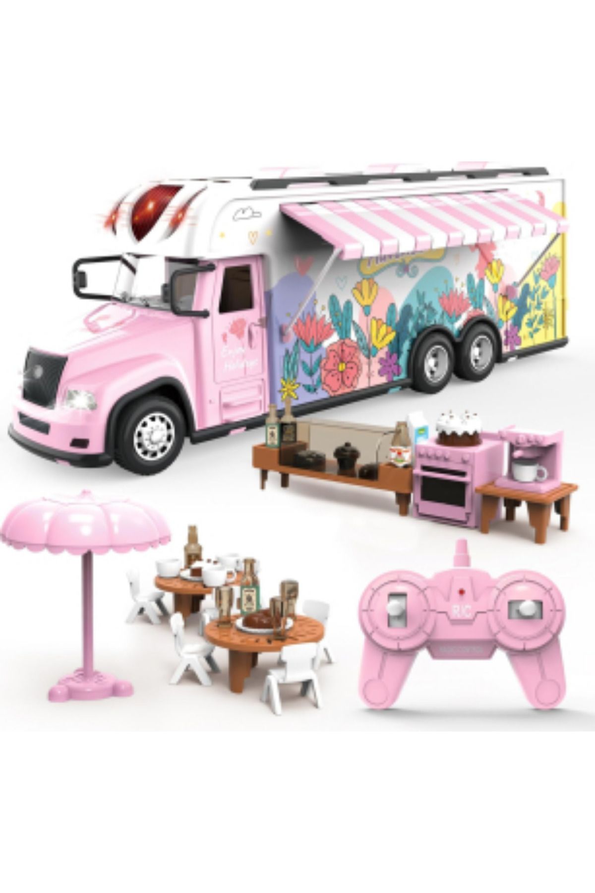 Boratila Toys Uzaktan Kumandalı 2.4Ghz Pembe Full Fonksiyon Çok Aksesuarlı Işıklı Sesli Pilli Karavan Oyuncak