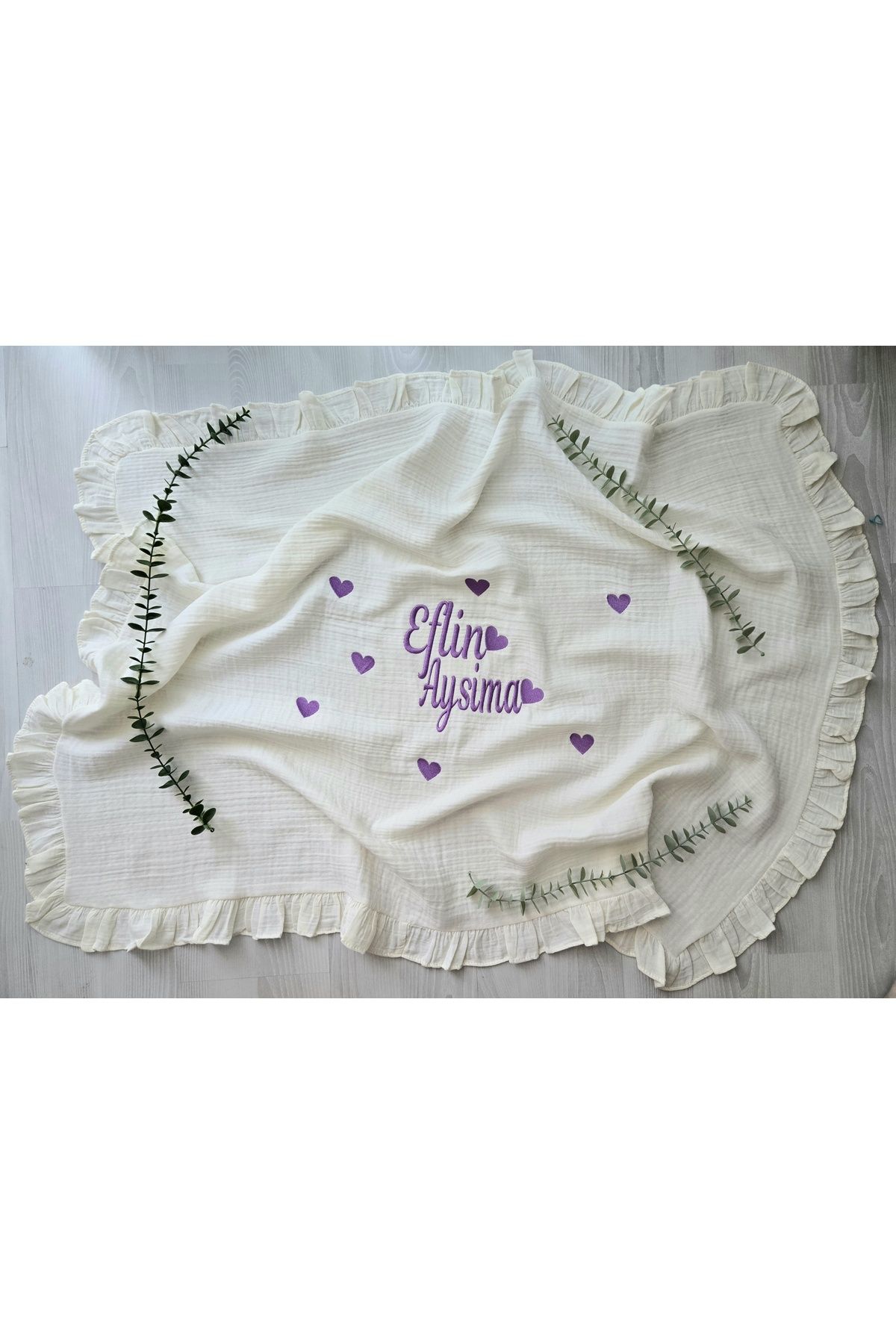 sevilleatelier 4 Katlı Müslin %100 Pamuk FIRFIRLI Bebek Battaniyesi, Örtüsü-Kişiye Özgü İsimli Nakış Desenli