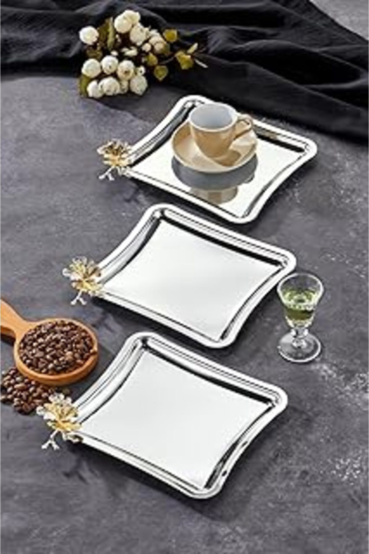 ASİTAN Mayaglory Elegante Square Serisi, Volo Prezioso Kulp Desenli Krom Sunum Söz Nişan Tepsisi, 22X22Cm,