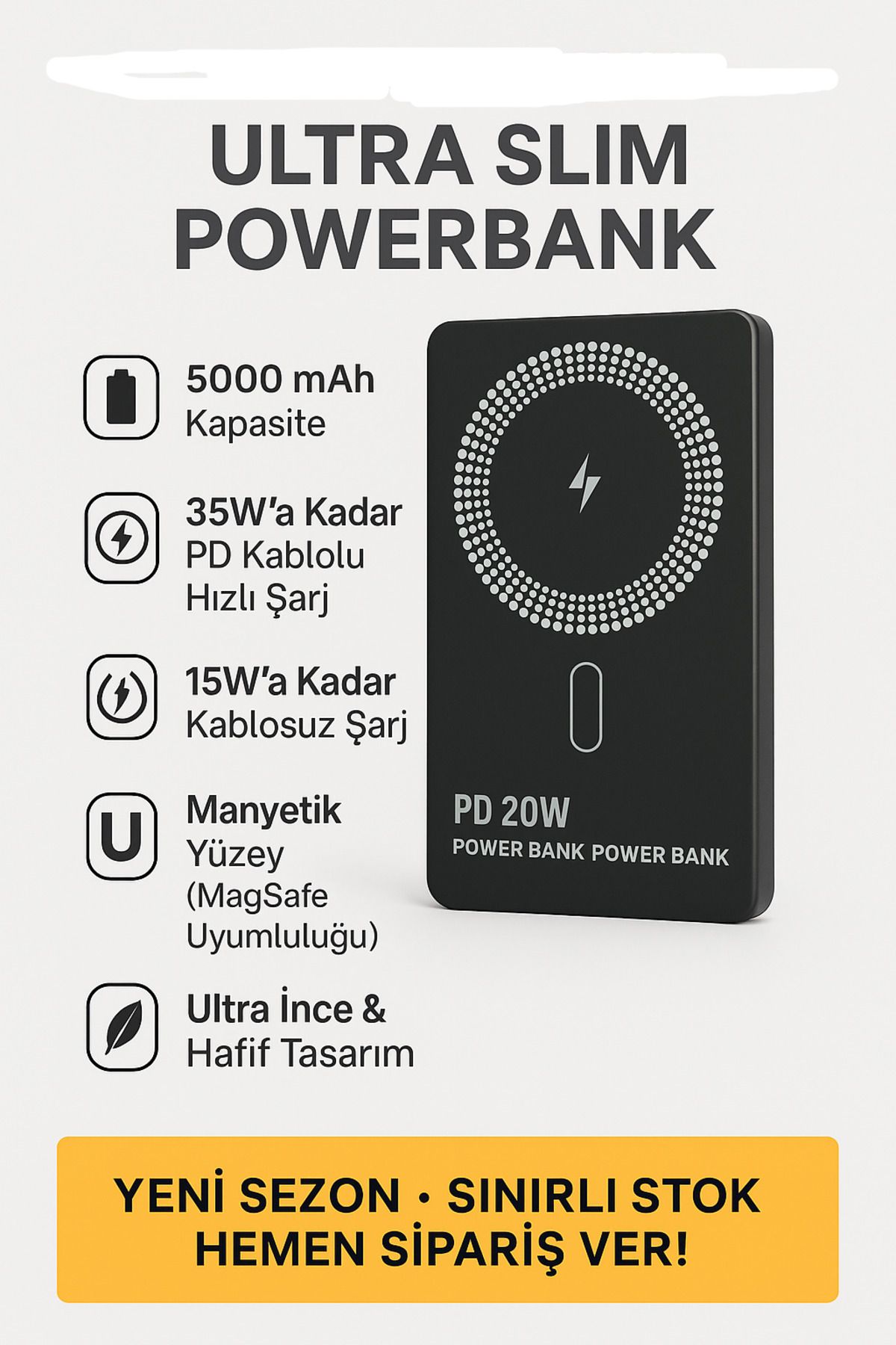 Kılıforyum Ultra Slim 5000 mAh Powerbank – 35W PD Hızlı Şarj + 15W Kablosuz Şarj – Manyetik 20W PowerBank