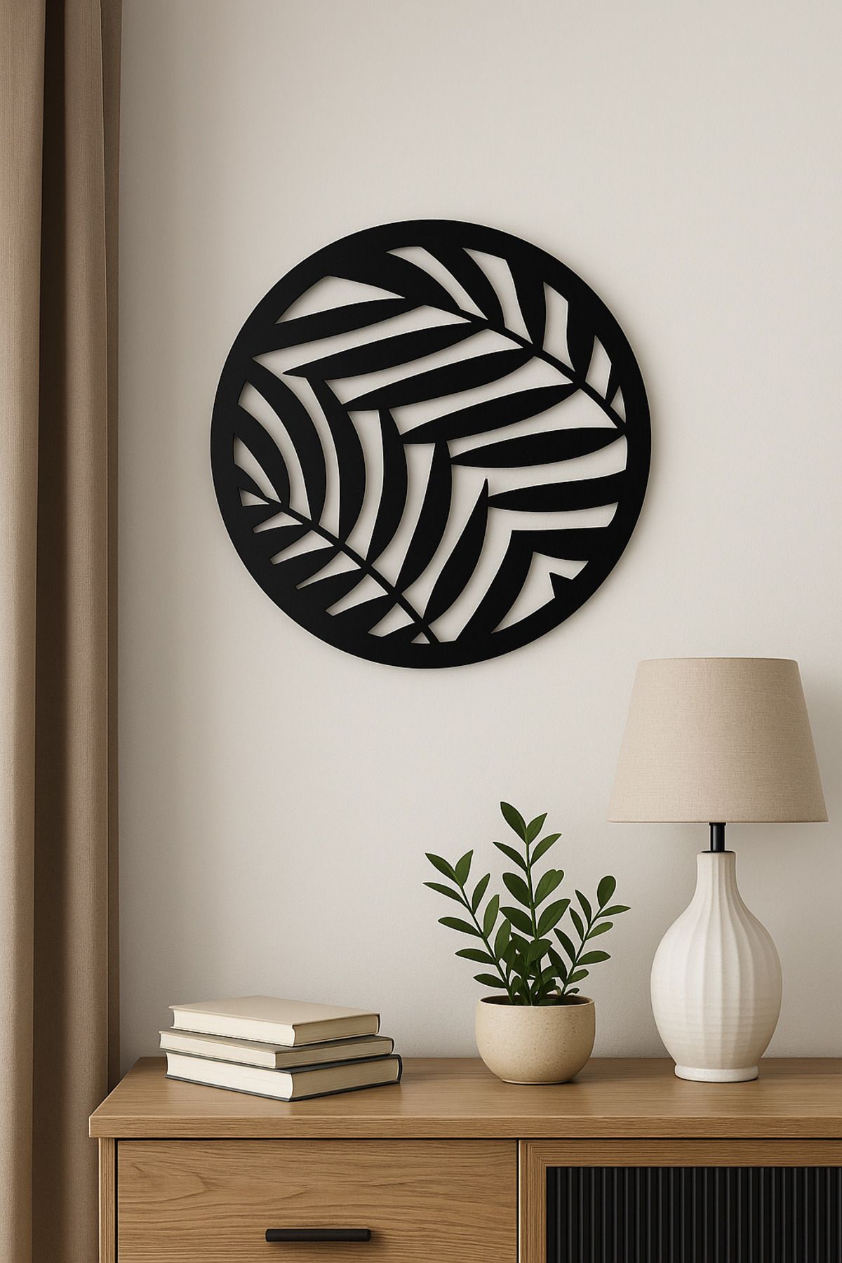 LUNOART Yaprak Desenli Yuvarlak Metal Tablo | Dairesel Duvar Dekoru