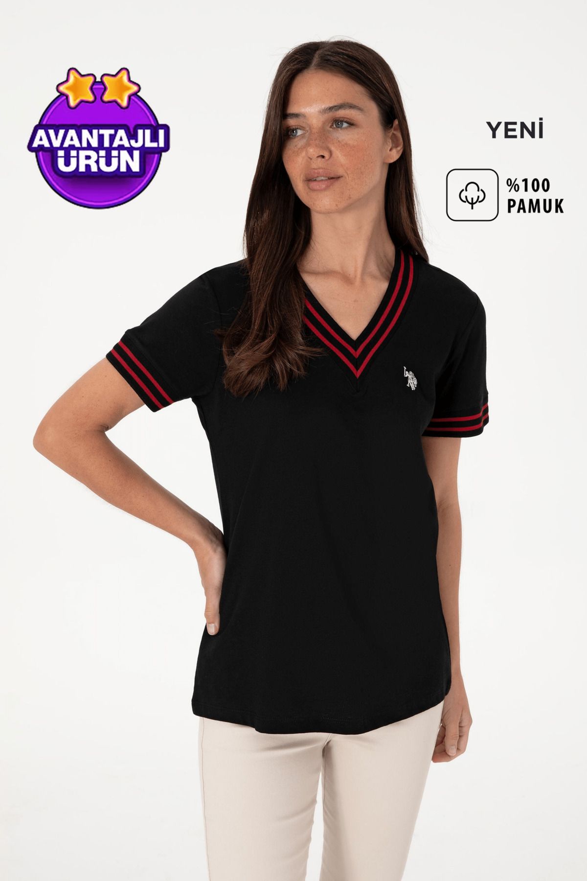 U.S. Polo Assn. Kadın Siyah V Yaka T-Shirt