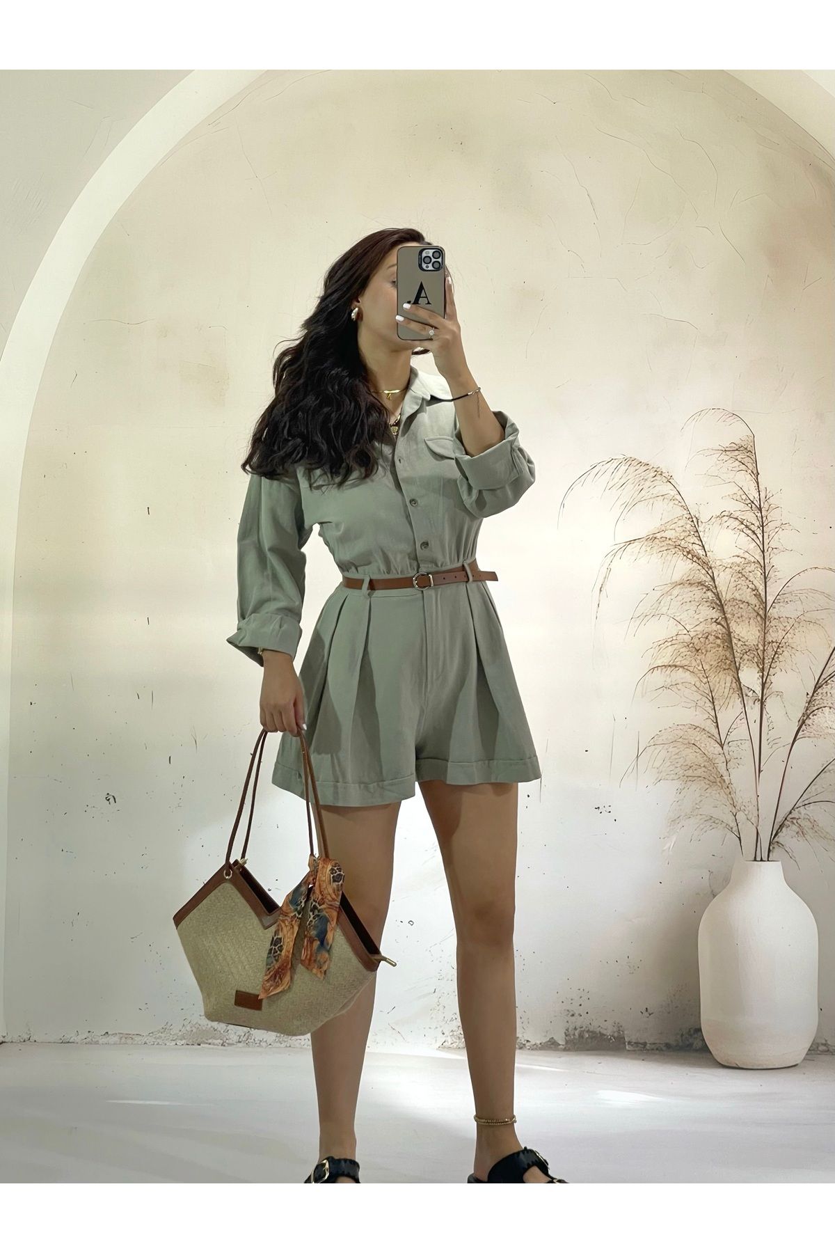 LOI Butik Haki kemerli keten tulum