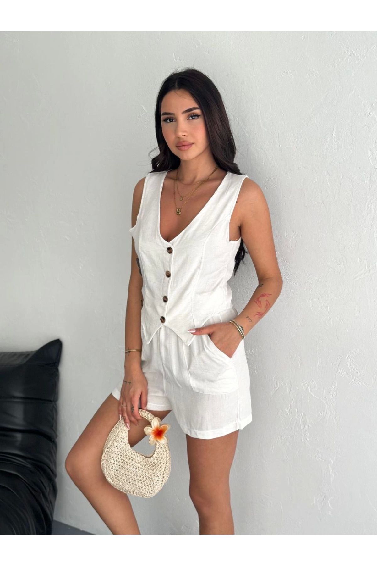 ETİLER COLLECTION Kadın keten şort yelek takım s3461