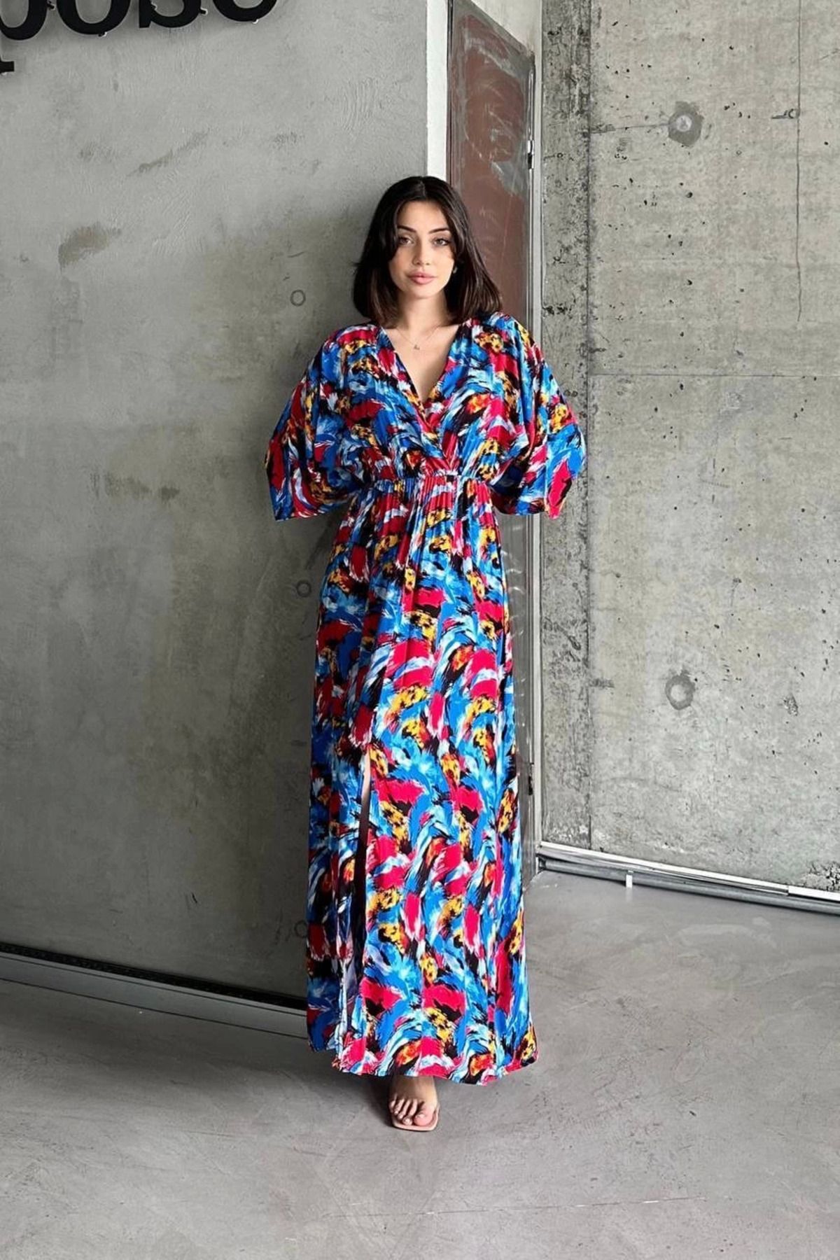 ETİLER COLLECTION Dokuma baskılı yarasa kol elbise s8124