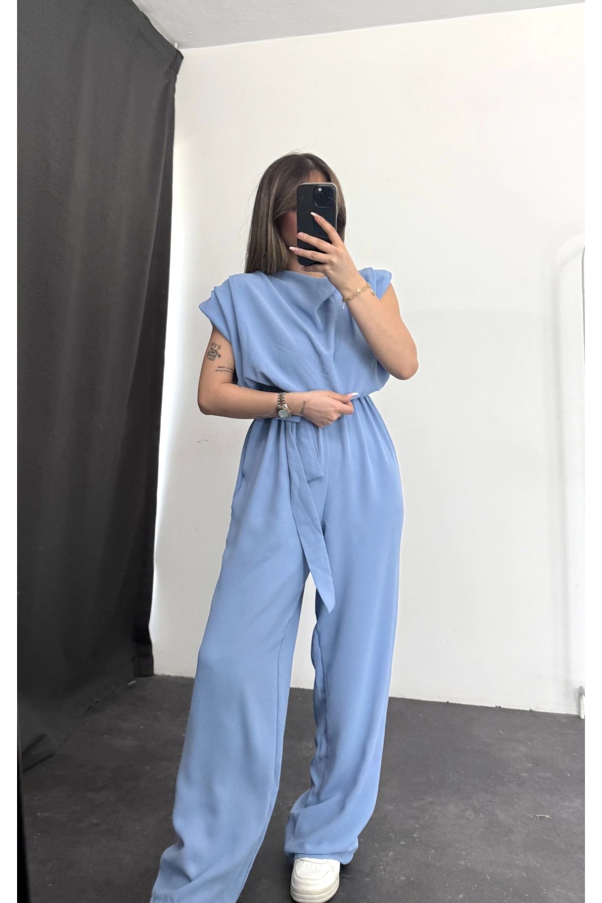 nona butik Vatkalı Crep Tulum - Mavi