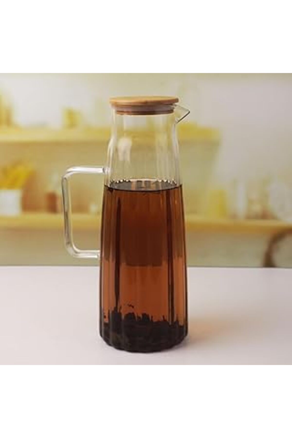 Mu Art Ahşap Deconox Bambu Kapaklı Borosilikat Cam Yağdanlık Ve Sürahi | 1000Ml (11X26Cm) Çok Amaçlı İçecek Ve S