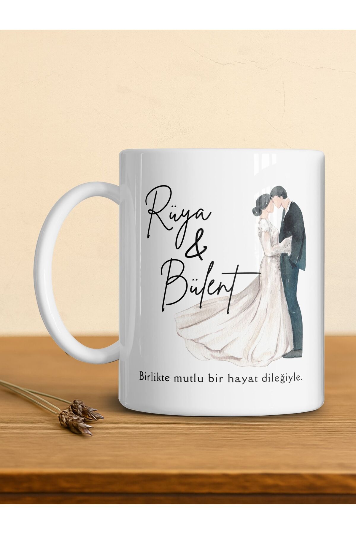 kuphane Kişiye Özel Gelin & Damat İllüstrasyonlu Kupa | İsimli, Tarihli, Romantik Hediyelik