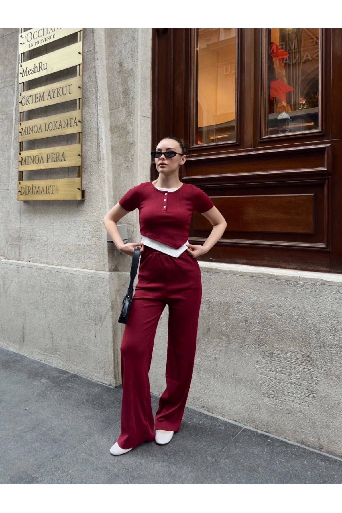 ETİLER COLLECTION Düğme yakalı bordo alt üst takım s3943