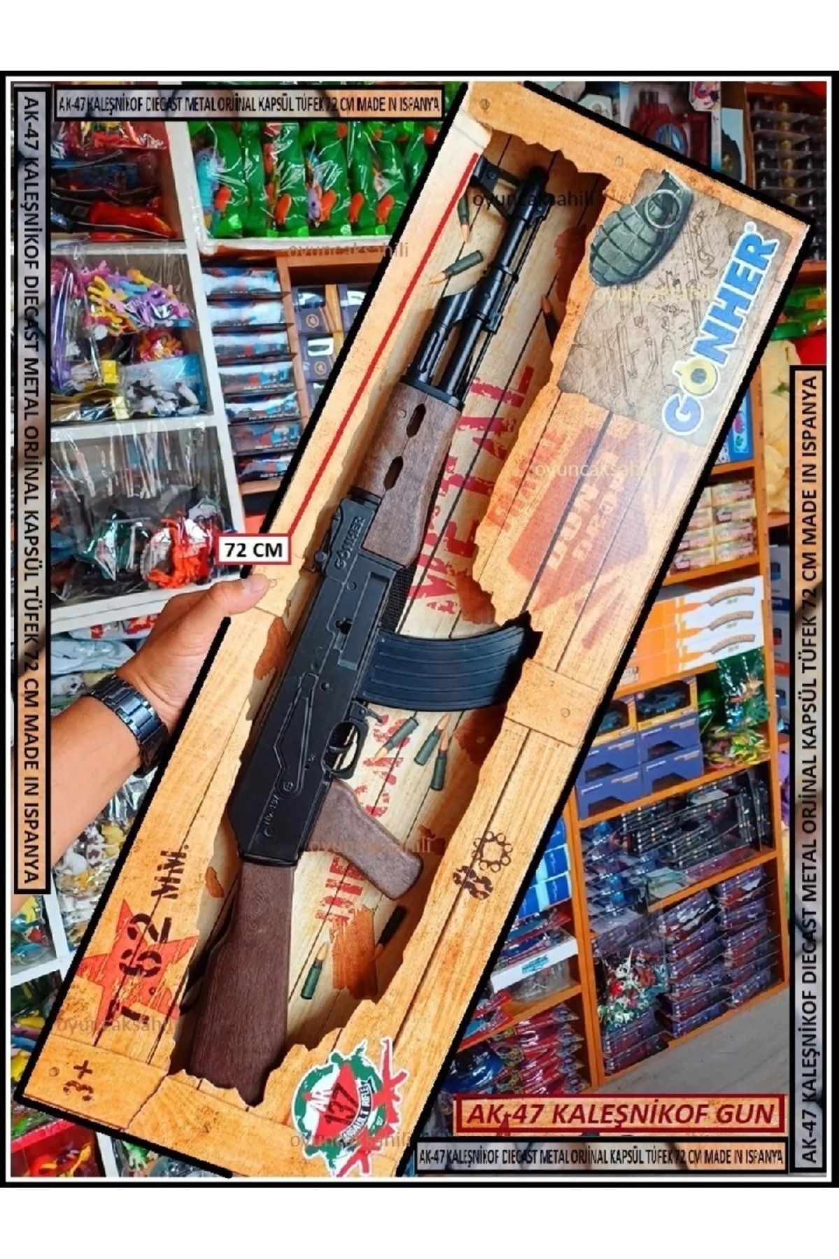 OYUNCAKSAHİLİ Kapsül Patlatan Keleş AK47 Metal Tüfek Oyuncak Kaleşnik ispanya 72CM Oyuncak Kalaşniko Silah