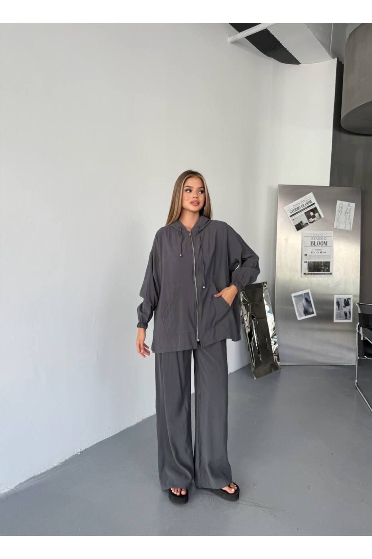 Ahsenbutik Kadın Fermuarlı Kapüşonlu Salaş Model Yazlık Takım