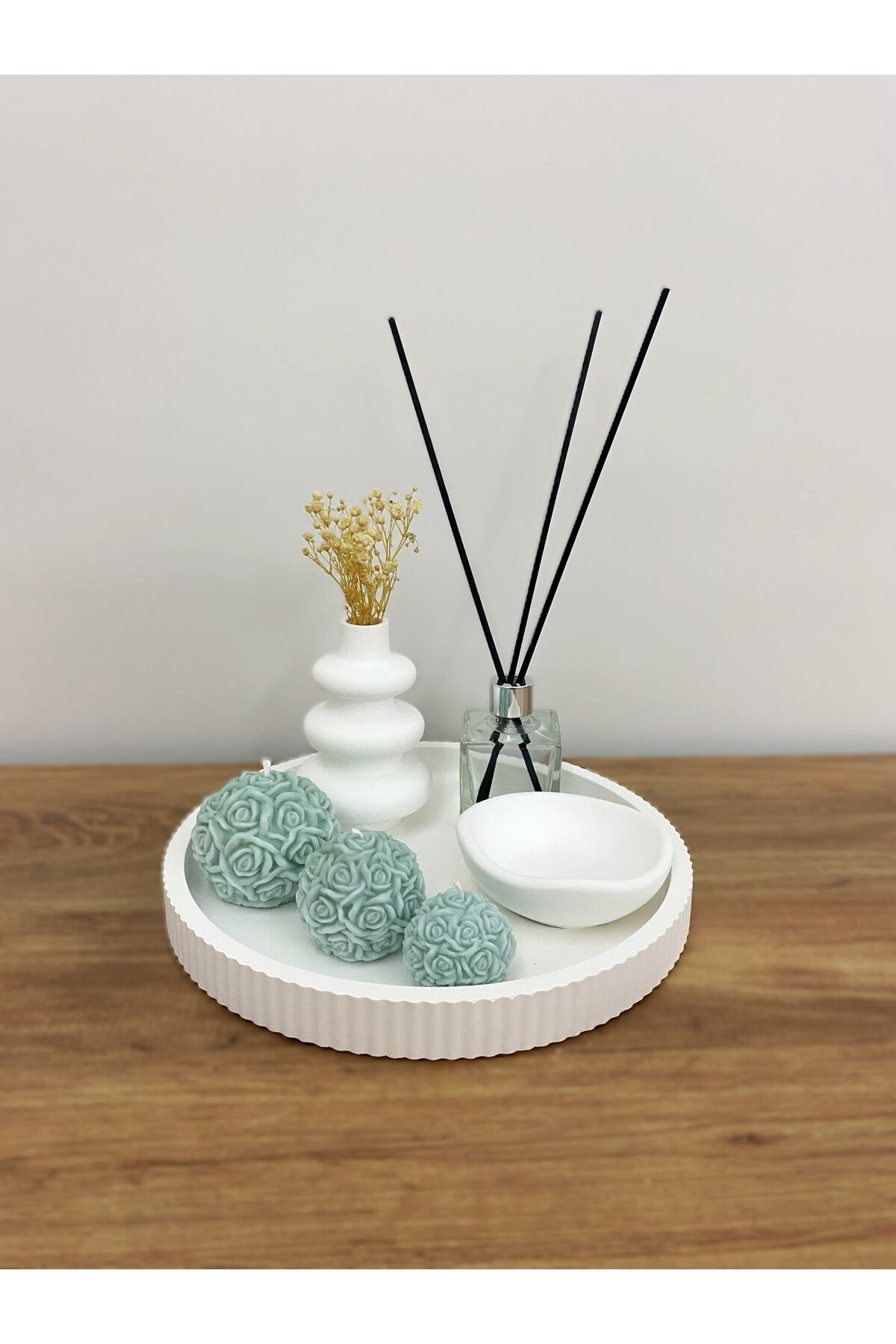 Nox Atelier Dekoratif Iskandinav Mini Vazo & Koku Şişesi & Gül Topu Mum Seti – 7 Parça Soft Modern Dekor Seti