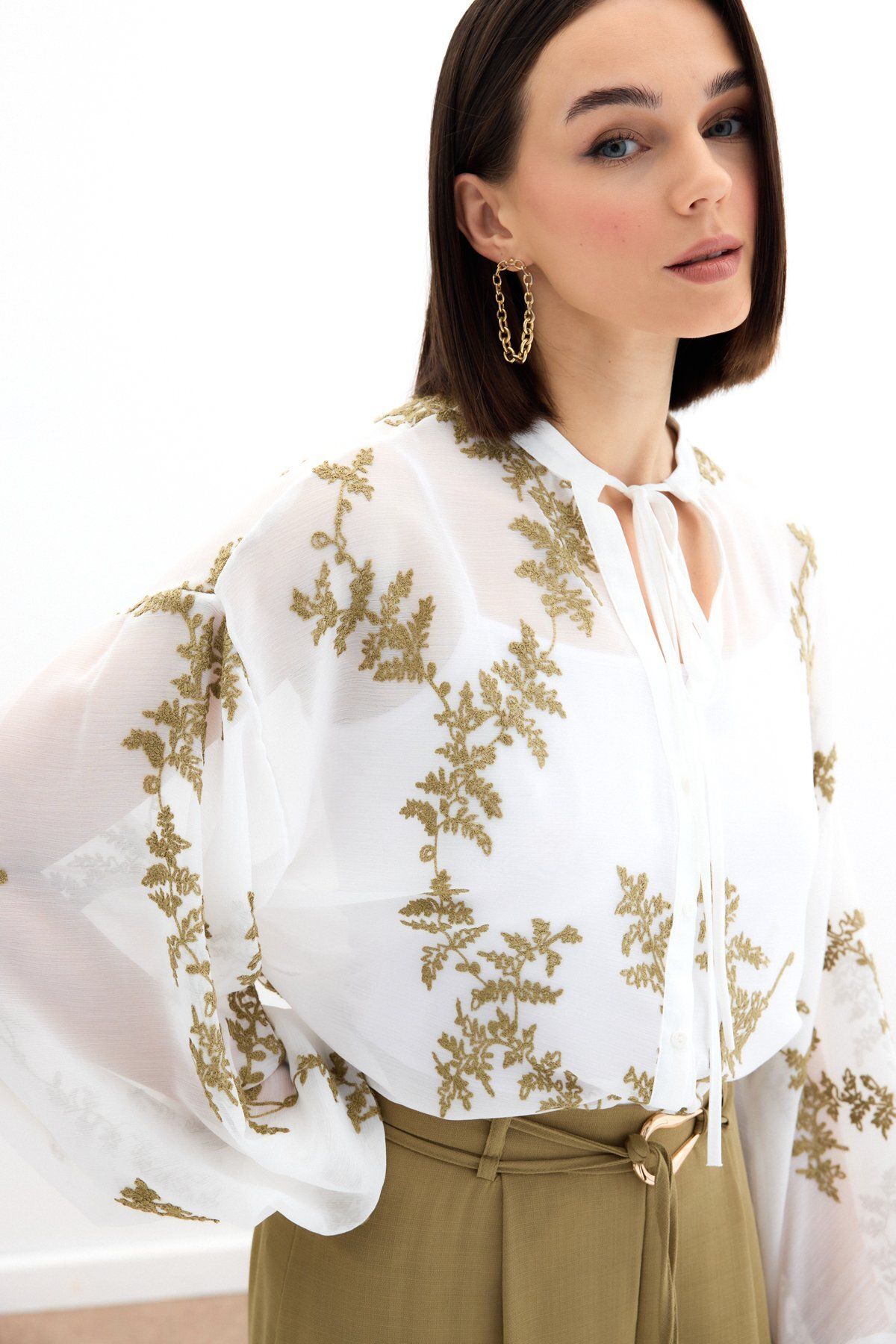 Sateen-Embroidered Chiffon Shirt - Khaki 6