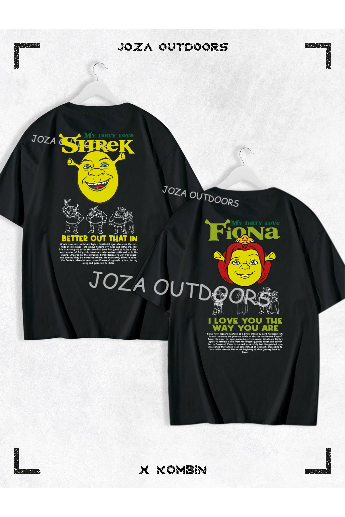 Joza Outdoors Kadın Erkek Shrek Fiona Yazılı SIRT Baskılı Sevgili Çift Kombini Oversize Tshirt 2'li Takım