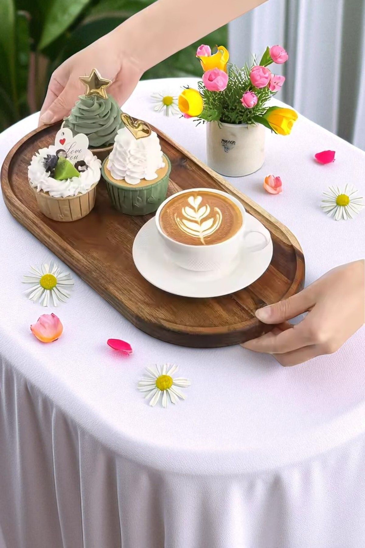 OK Wood Lüks Doğal Ahşap Oval Sunum Tepsisi 17.5x35 cm | Servis, Dekor, Organizer Çok Amaçlı Tepsi Modeli