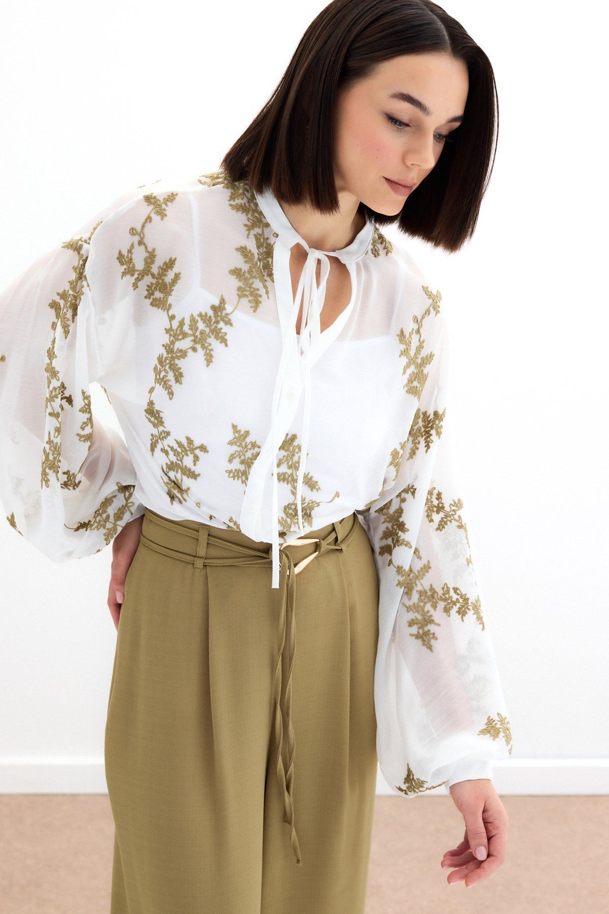 Sateen-Embroidered Chiffon Shirt - Khaki 4