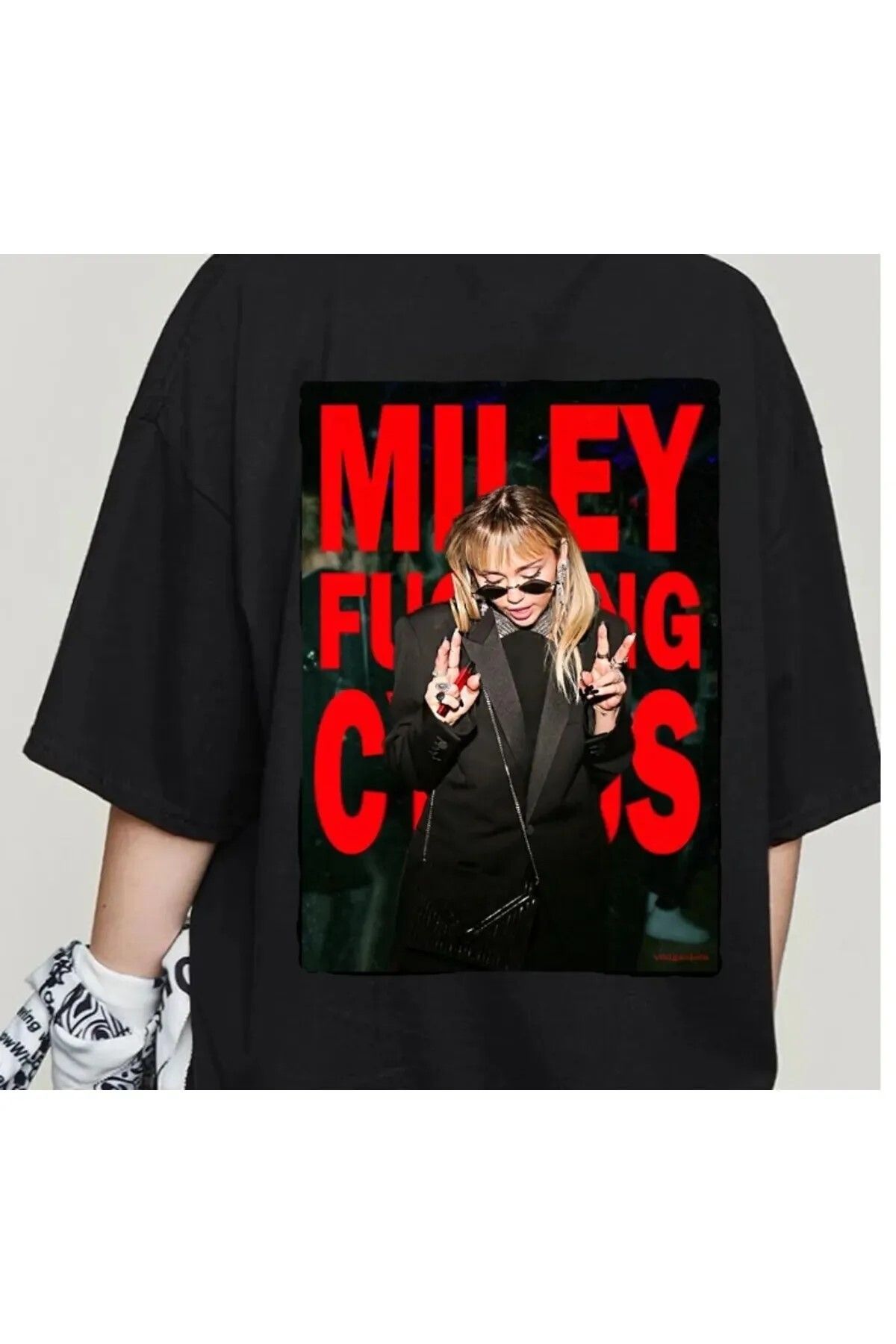 DEEFWEAR Siyah Miley Cyrus Slay Picture Ön/Arka Baskılı Oversize Unisex T-shirt