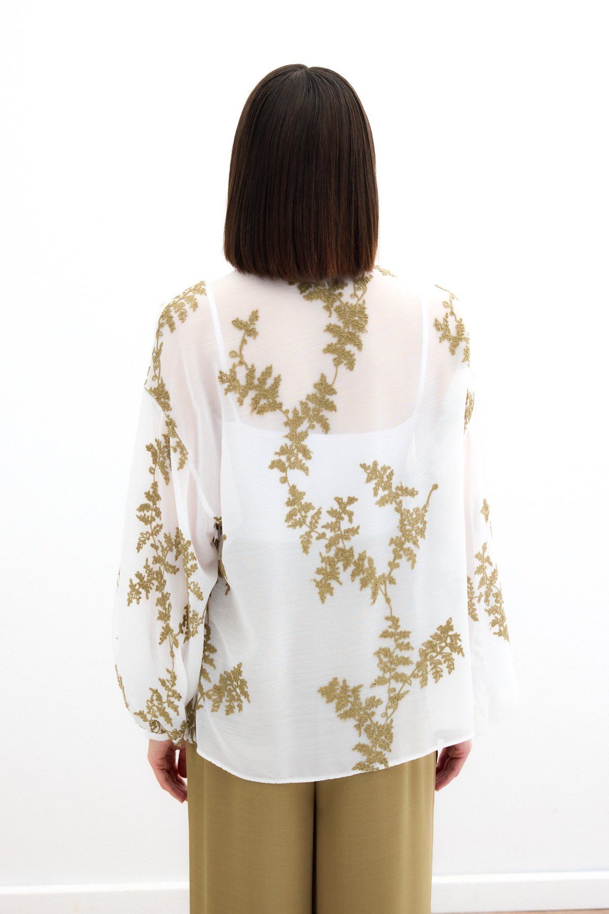 Sateen-Embroidered Chiffon Shirt - Khaki 7