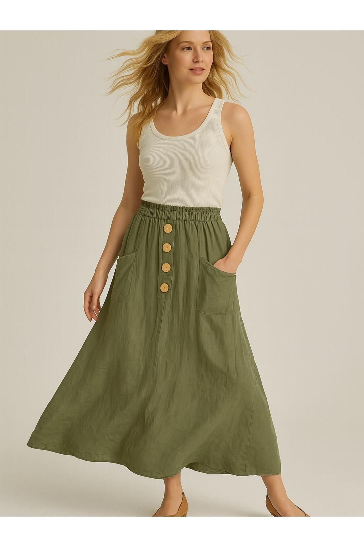 Butik İtalyan Keten Etek - HAKİ